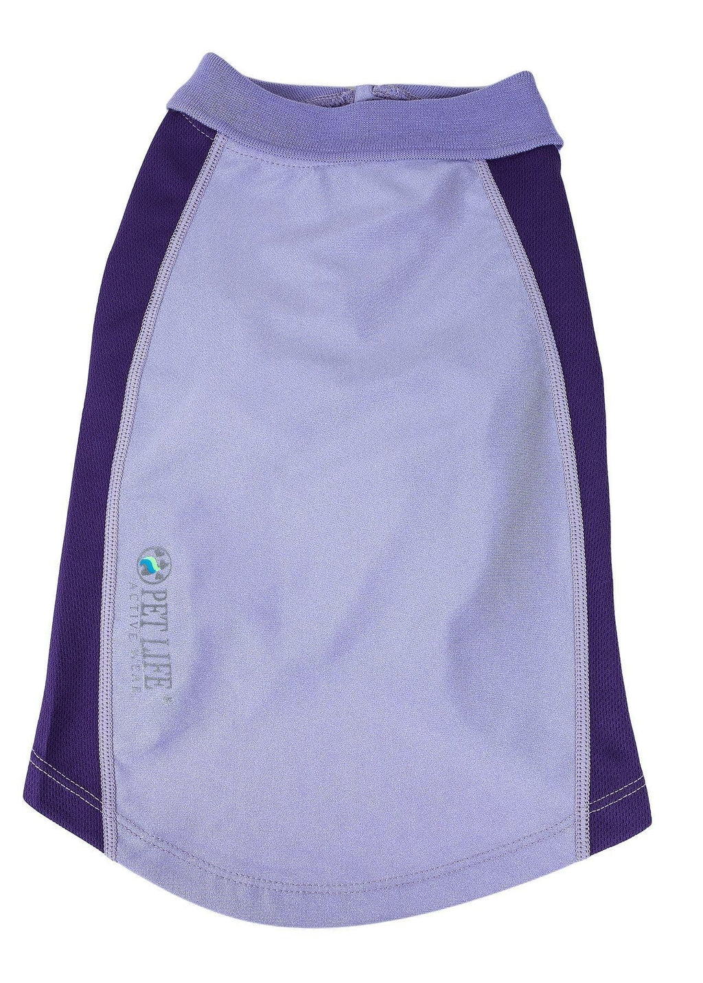 Lavender dog polo shirt with dark purple side panels and snap-button placket