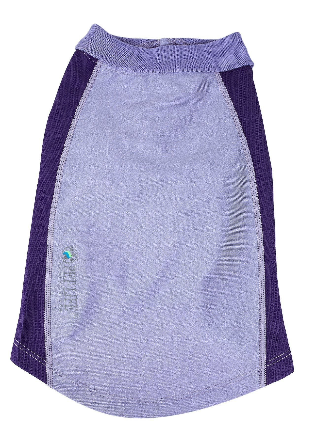 Lavender dog polo shirt with dark purple side panels and snap-button placket