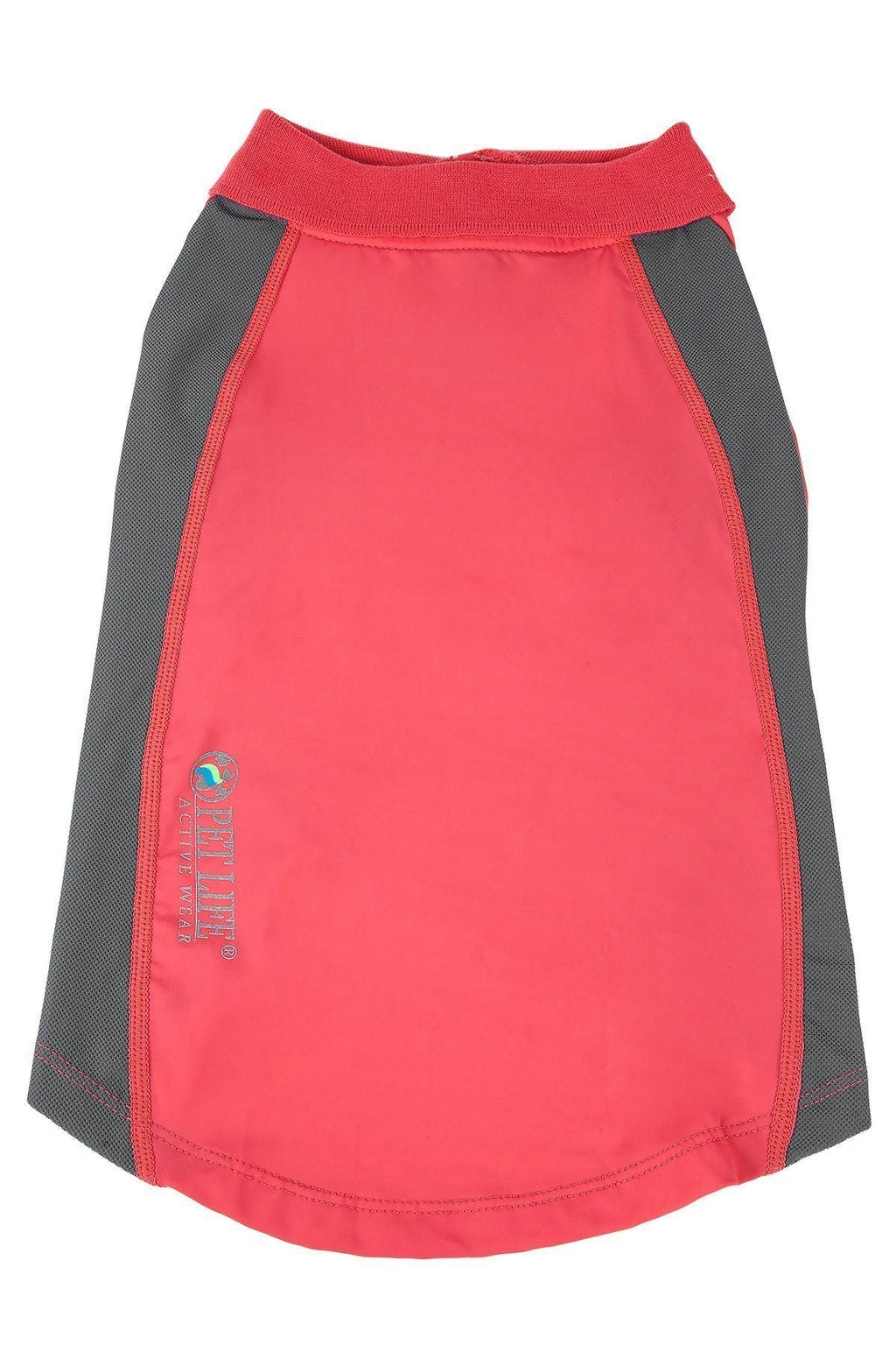 Salmon red dog polo shirt with dark gray side panels and snap-button placket