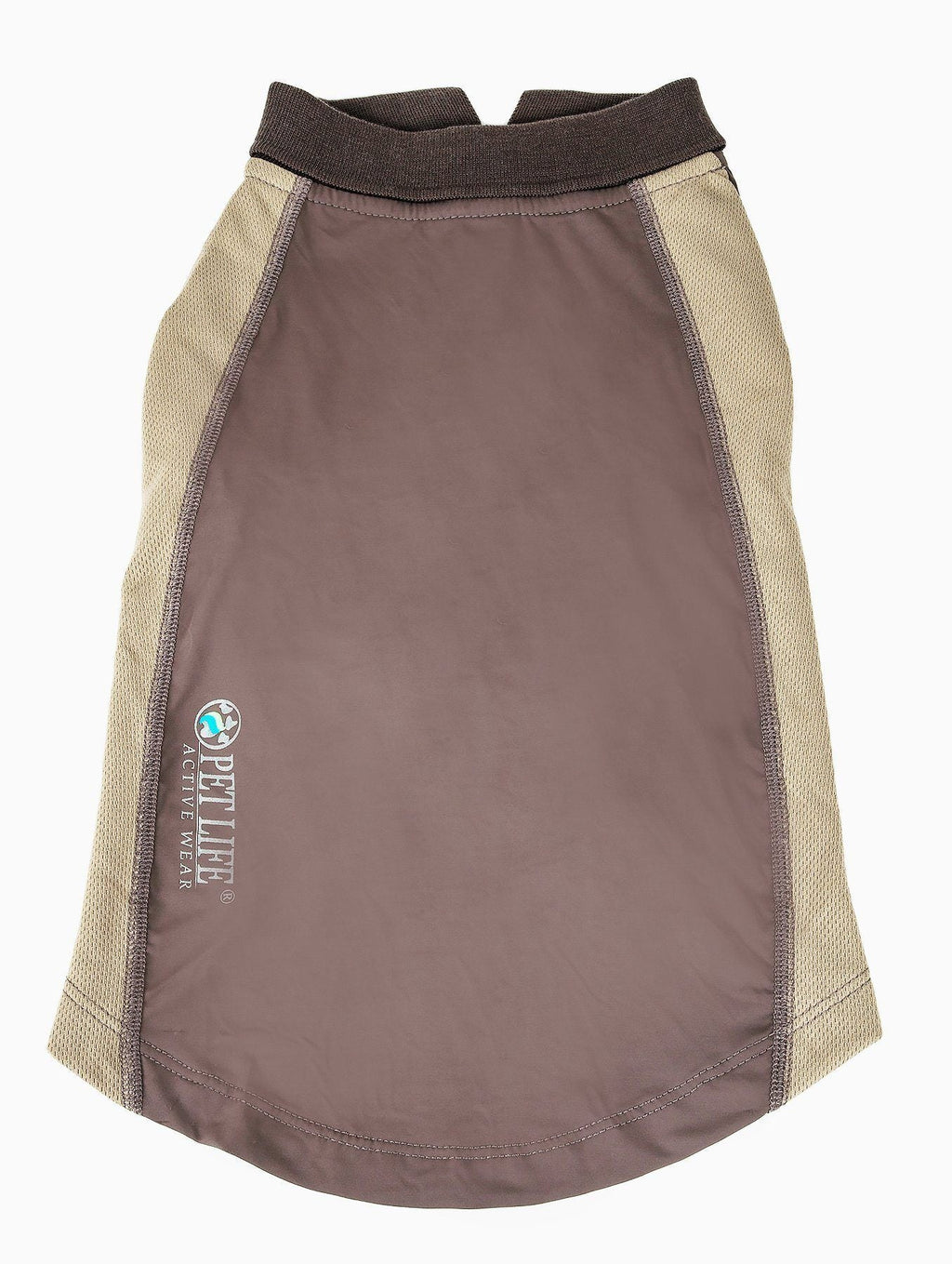 Brown dog polo shirt with tan mesh sleeves and snap-button placket