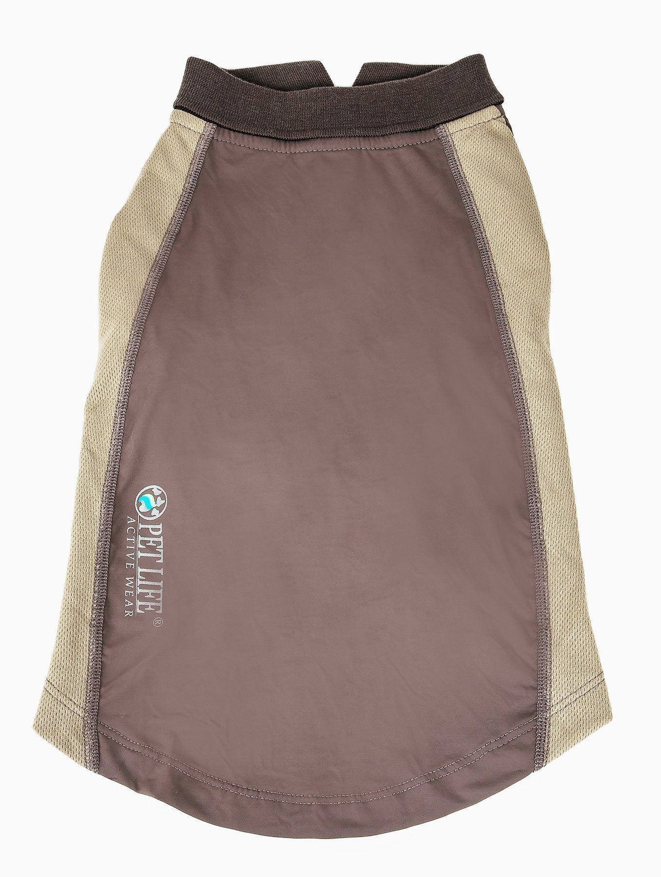 Brown dog polo shirt with tan mesh sleeves and snap-button placket