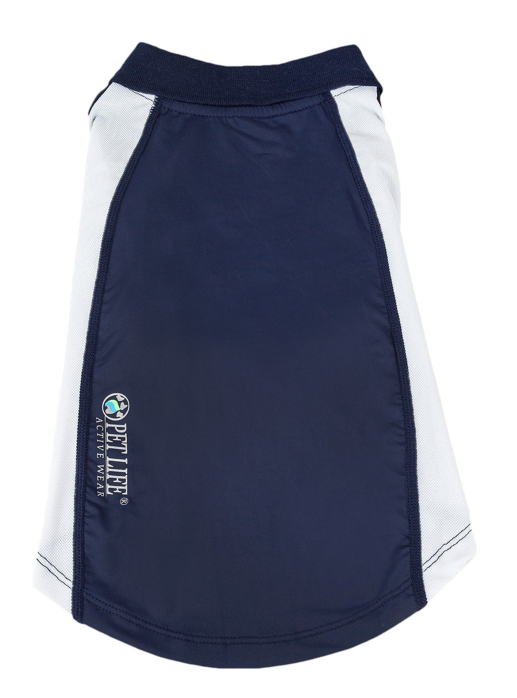 Navy dog polo with white side panels and embroidered logo on left