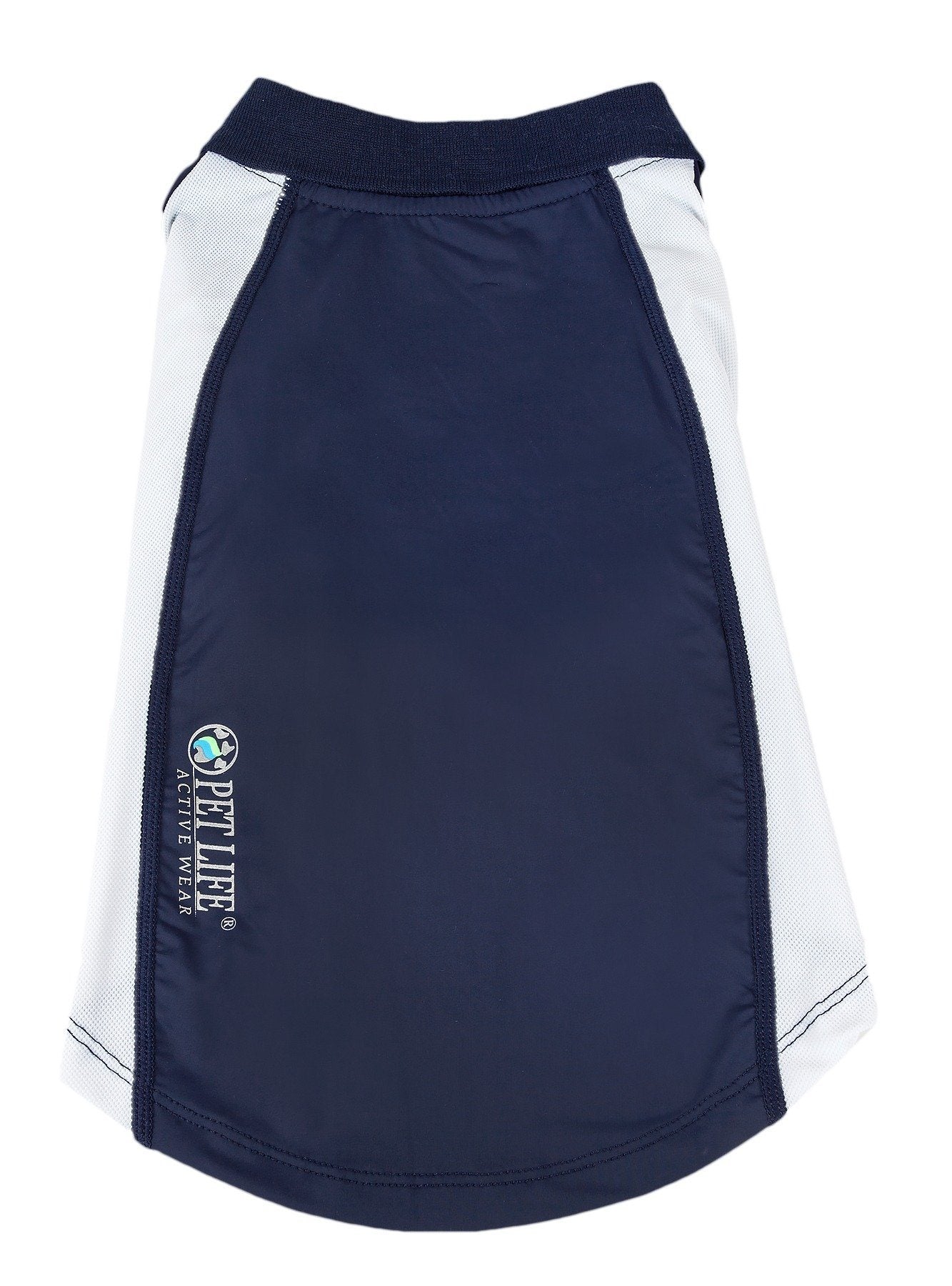 Navy dog polo with white side panels and embroidered logo on left