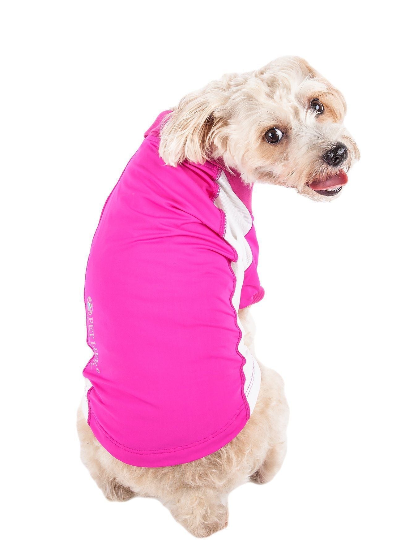 Pink dog polo shirt with white inner placket and short sleeves