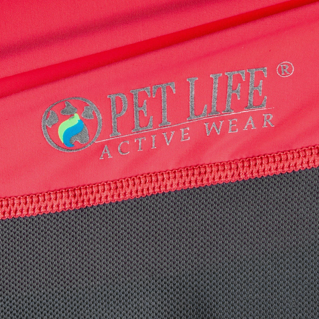 Pet polo dog shirt in salmon red and dark gray, logo detail and breathable mesh