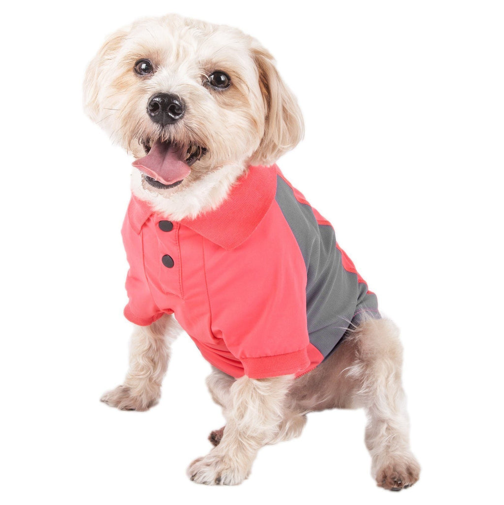 Salmon red dog polo with dark gray sleeves and snap-button placket