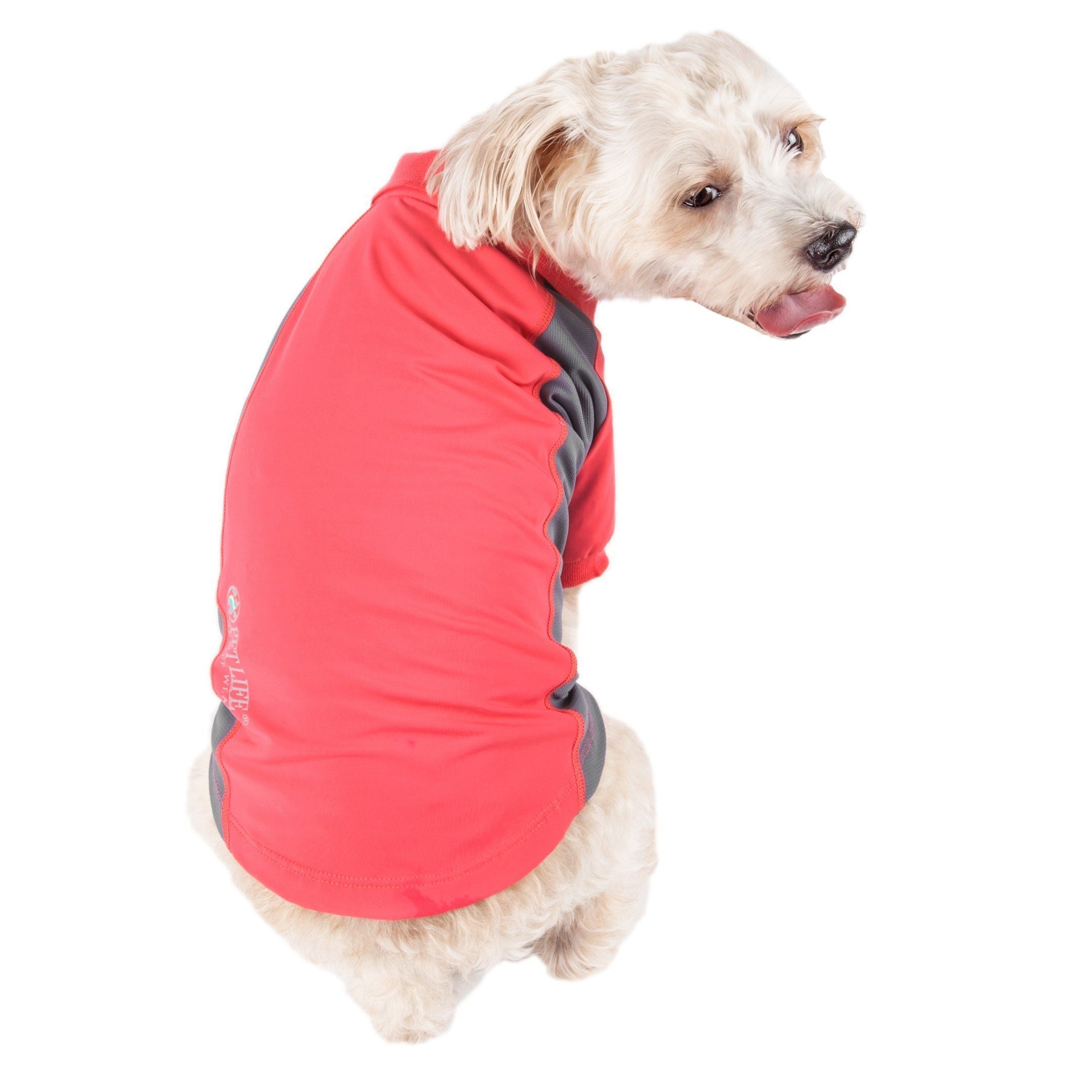 Red and dark gray dog polo shirt with snap placket and short sleeves