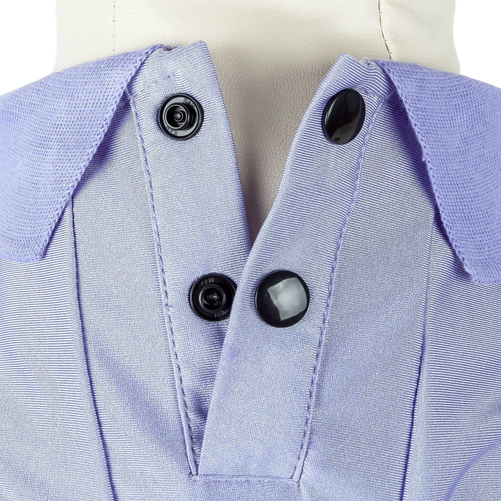 Light blue dog polo close-up: snap buttons and stitched placket