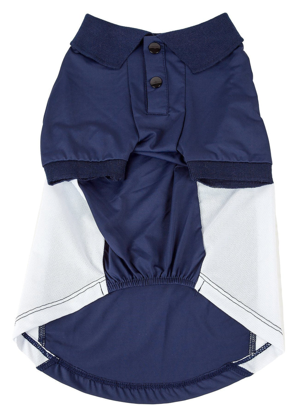 Dark navy dog polo shirt with button placket and mesh side panels