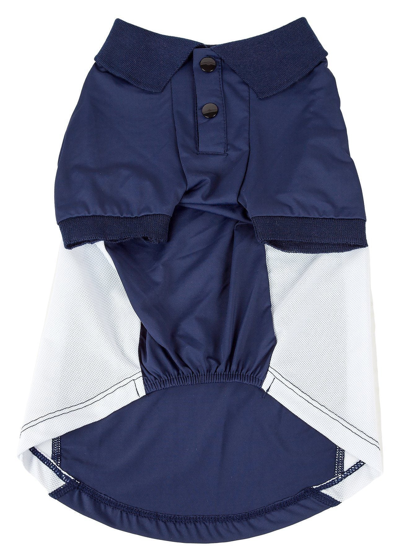 Dark navy dog polo shirt with button placket and mesh side panels