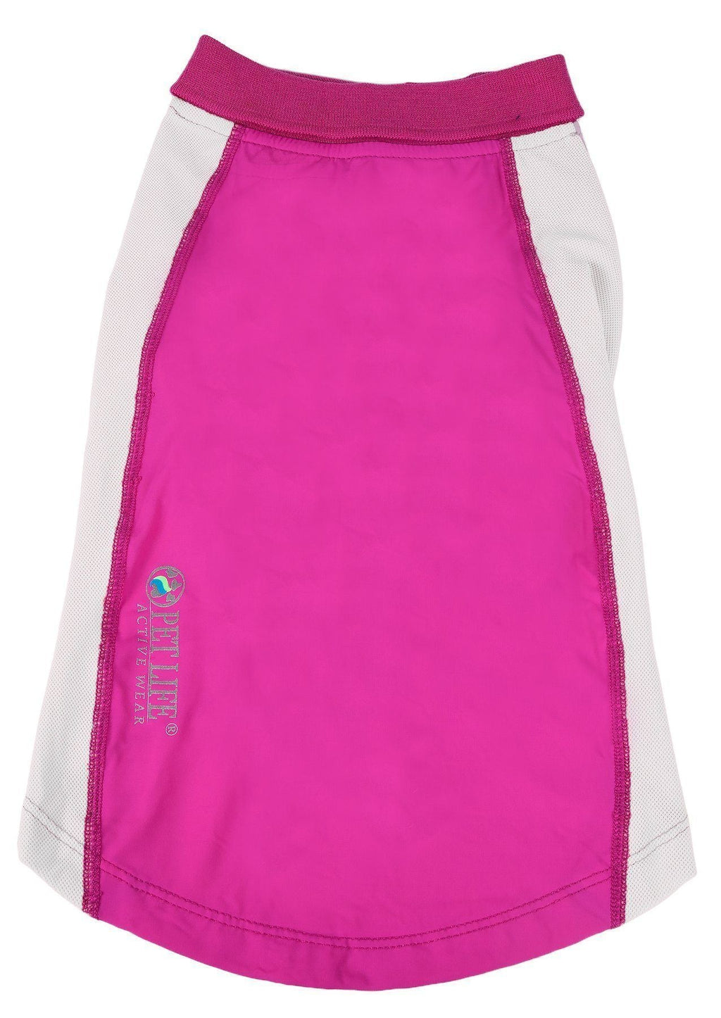 Hot pink dog polo shirt with white mesh sides and snap-button placket