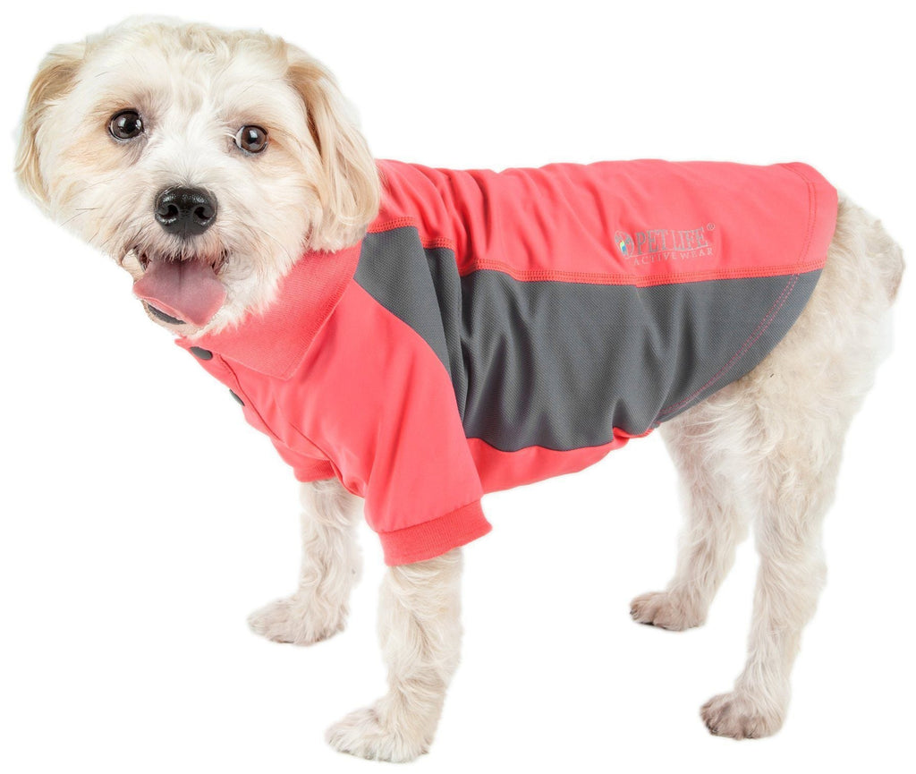 Red dog polo with dark gray center panel and logo patch on upper chest