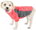 Red dog polo with dark gray center panel and logo patch on upper chest