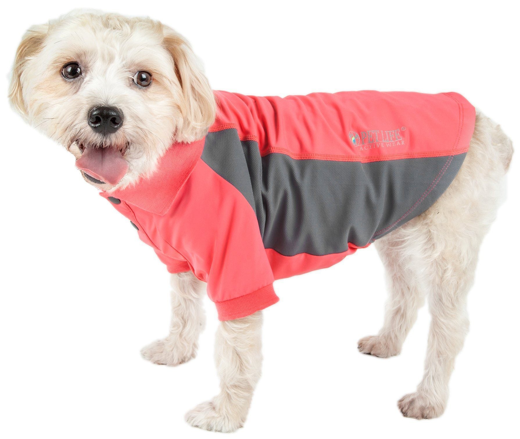 Red dog polo with dark gray center panel and logo patch on upper chest