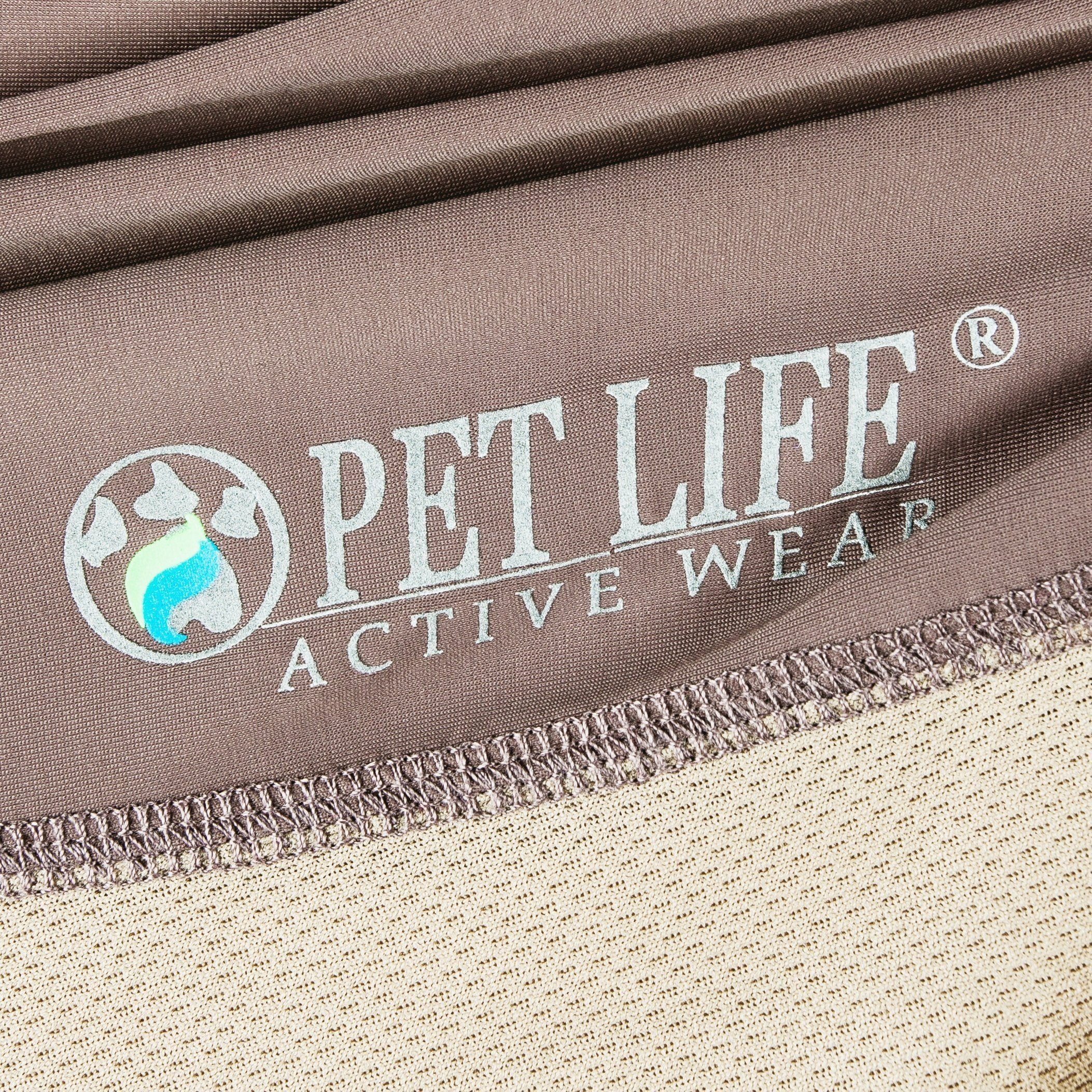 Brown dog polo hem with 'Active Wear' style logo text