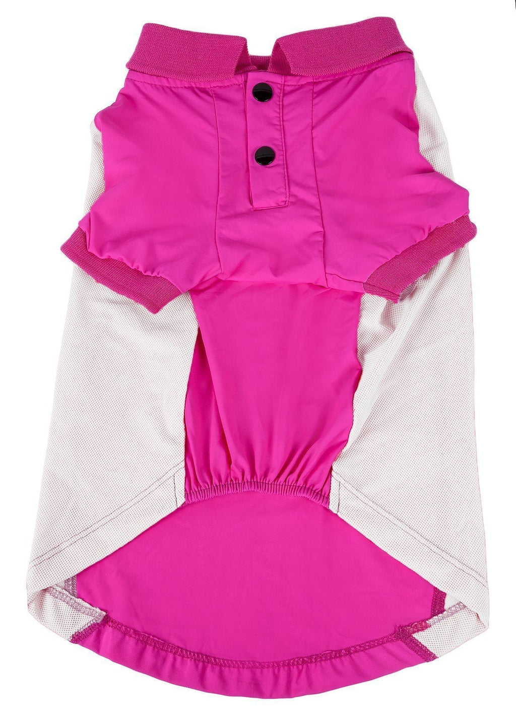 Bright pink dog polo shirt with white mesh side panels and snap-button placket