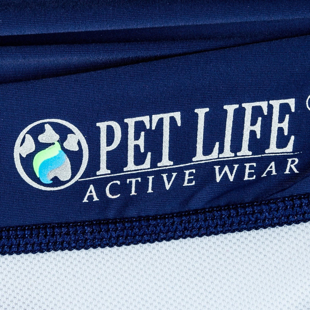 Navy dog polo hem with 'Active Wear' style logo text