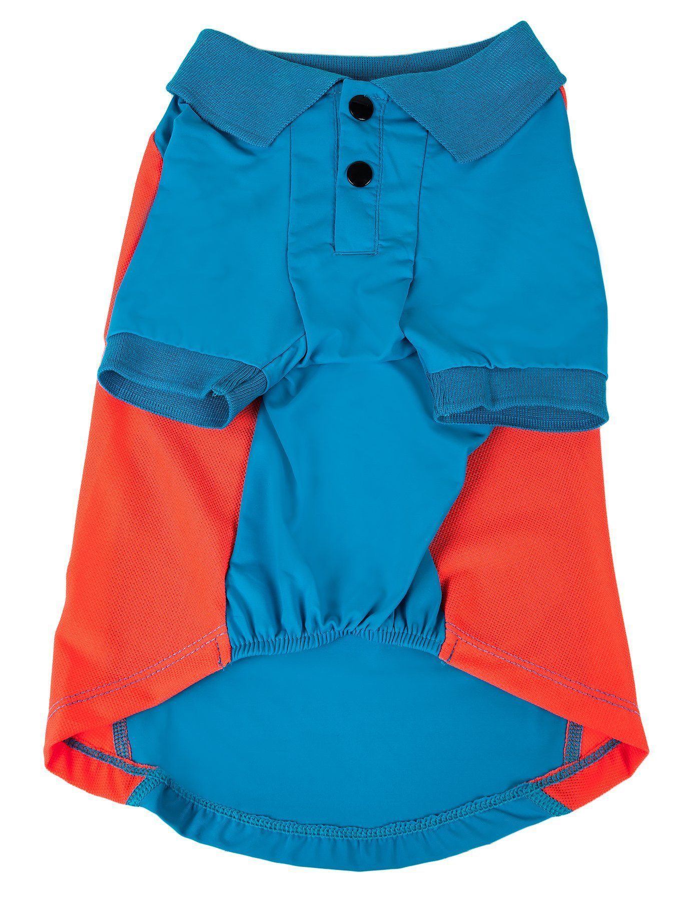 Blue dog polo with orange panels, button placket, and ribbed sleeve cuffs