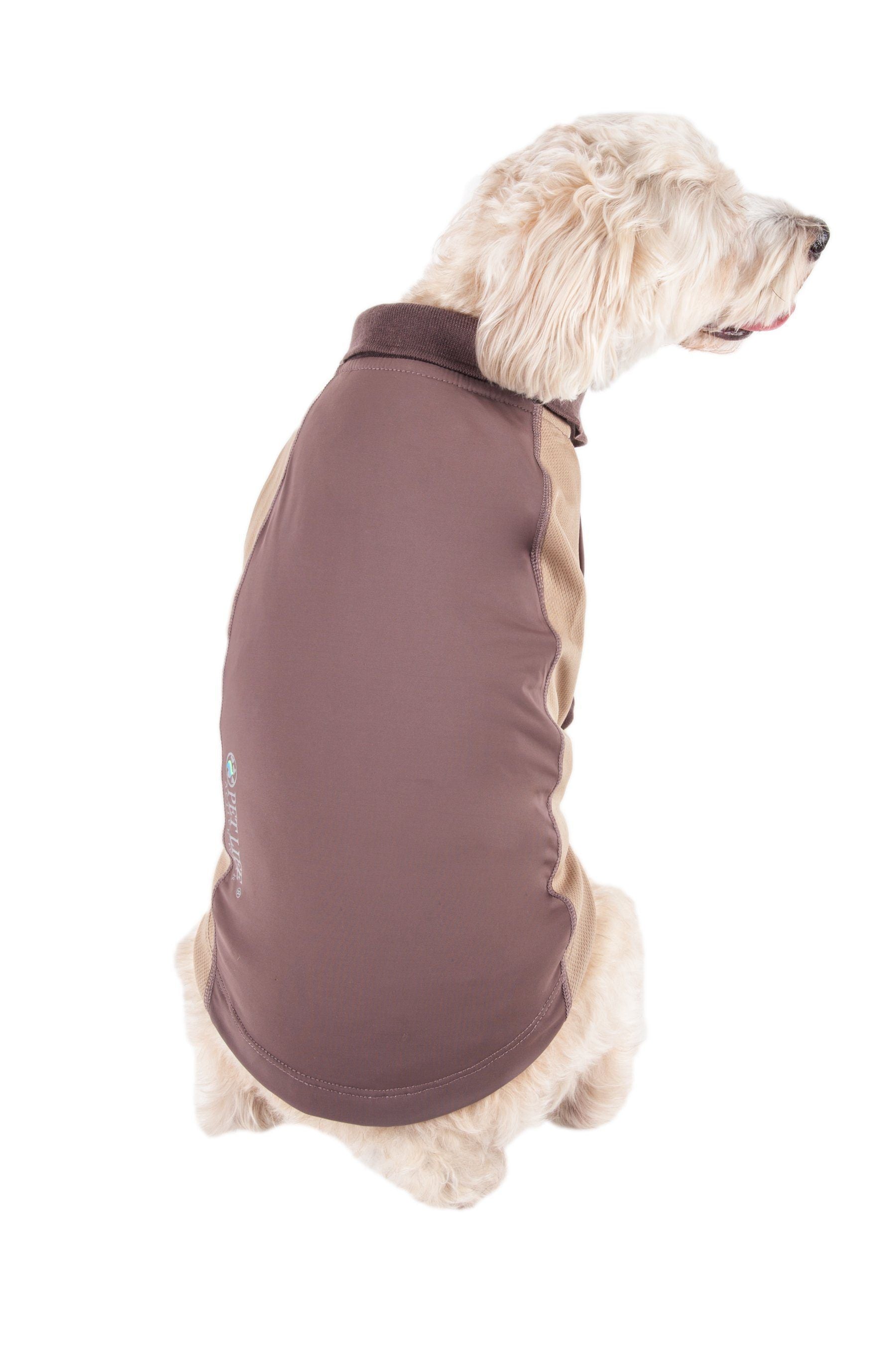 Brown dog polo shirt, sleeveless-back style with snap-button collar and short length