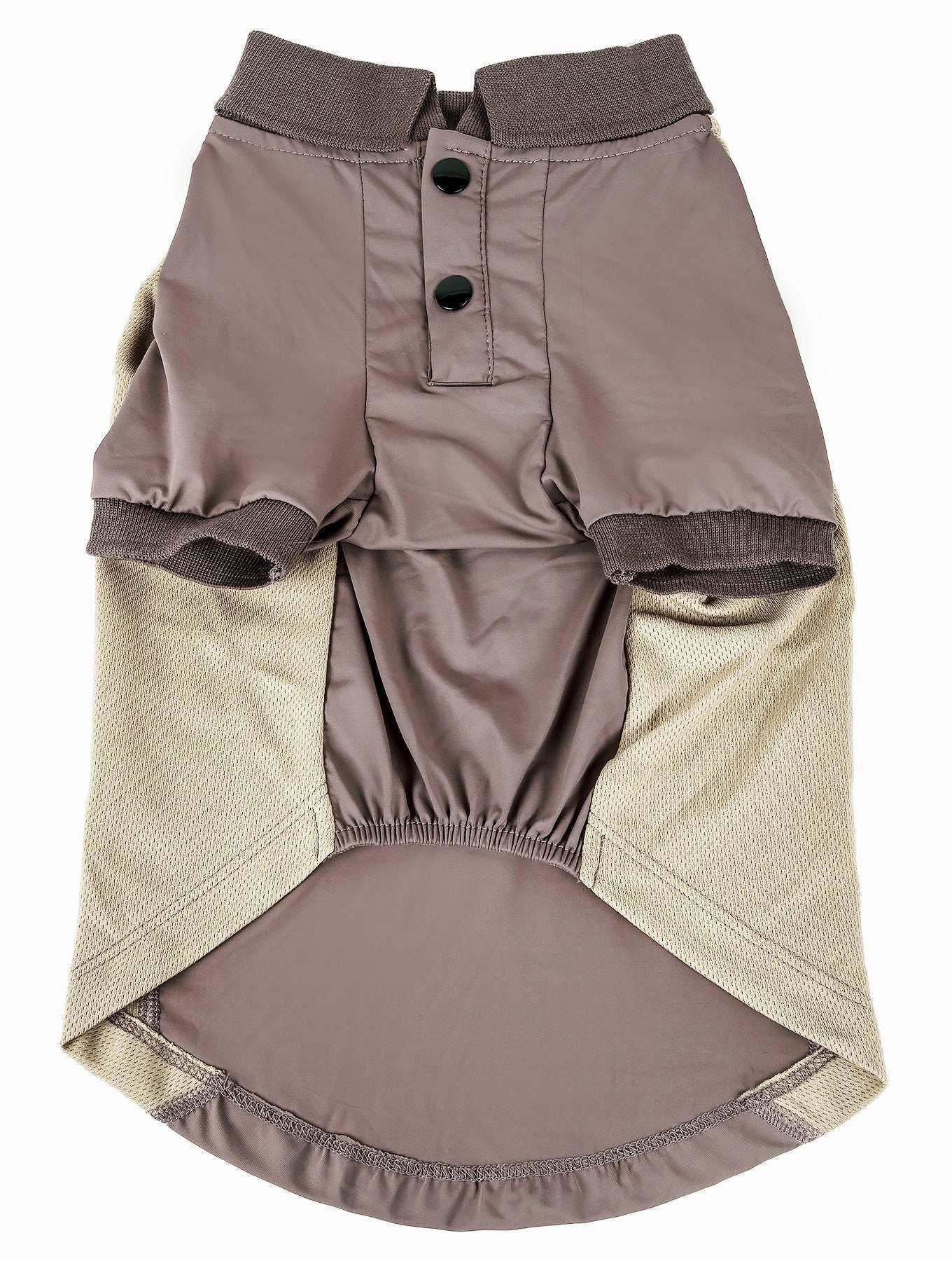Taupe dog polo shirt with tan mesh side panels and dark button placket