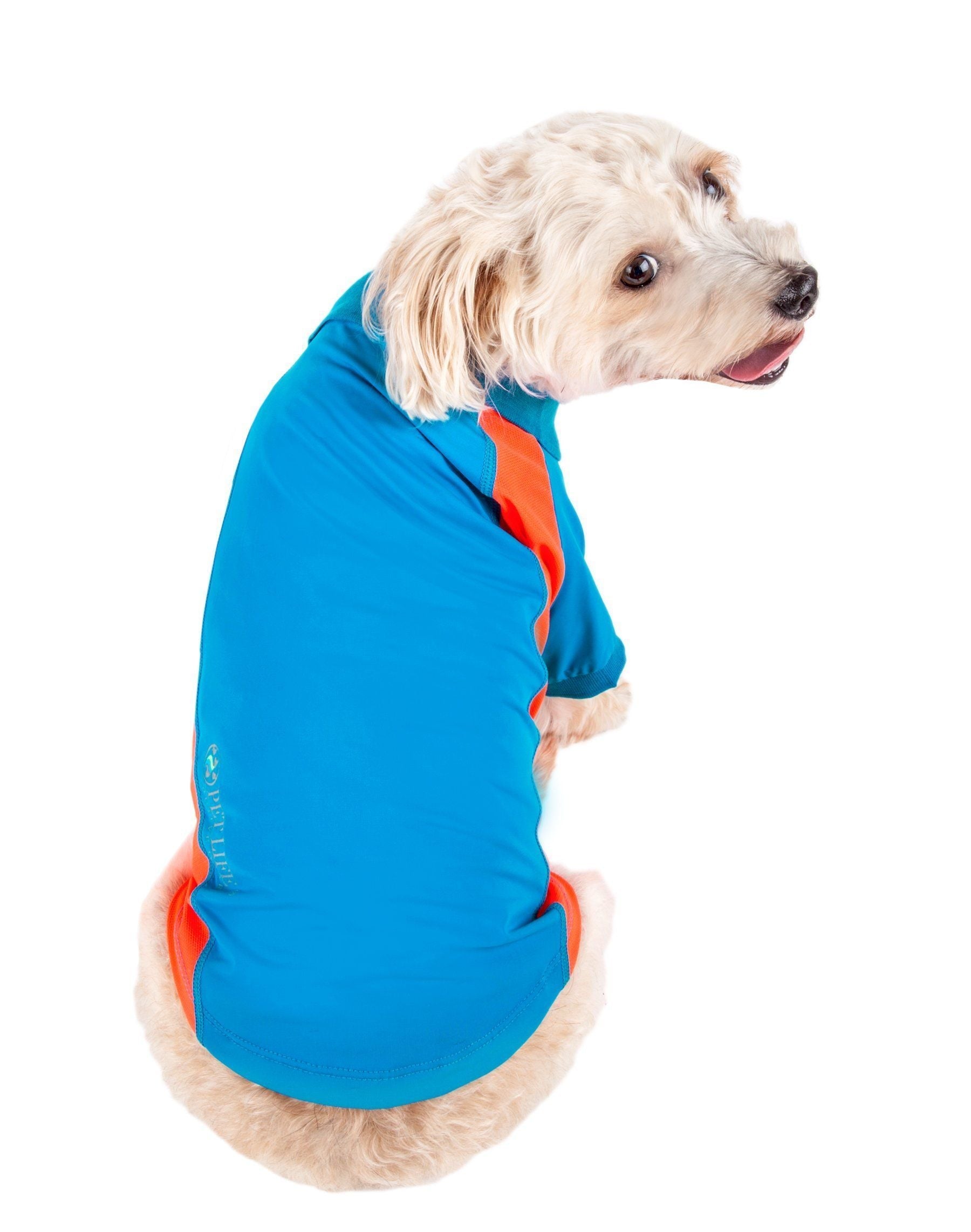 Blue and orange dog polo shirt with snap placket and short sleeves
