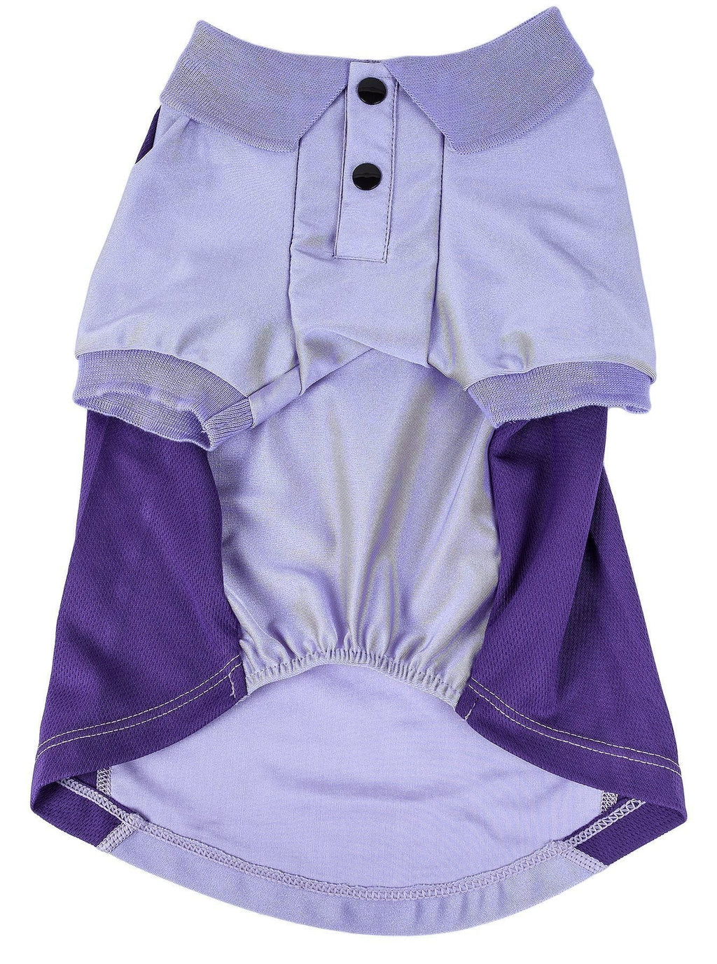 Light lavender dog polo shirt with purple sleeves and snap-button placket