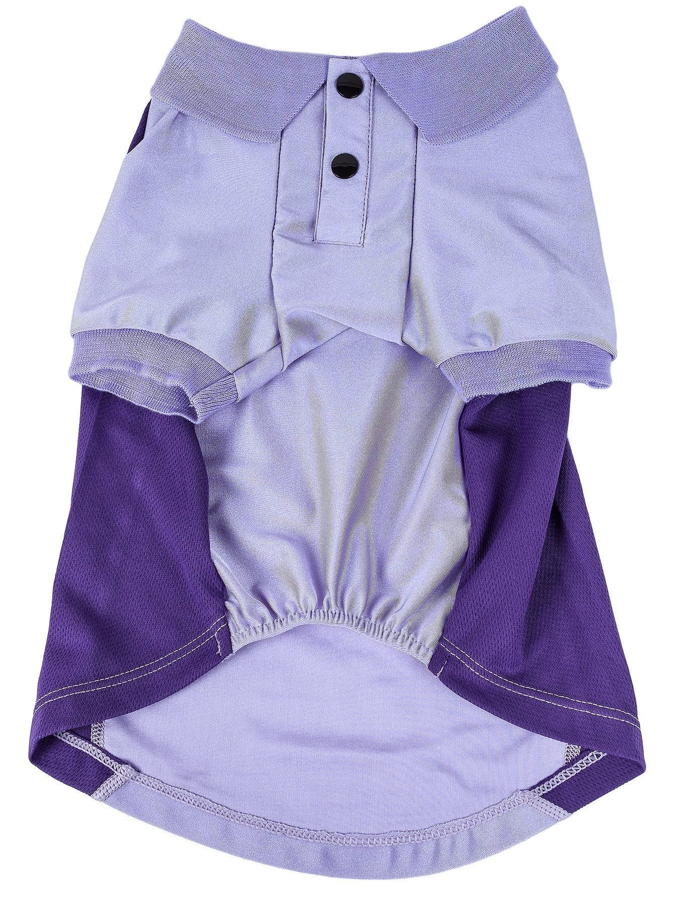 Light lavender dog polo shirt with purple sleeves and snap-button placket