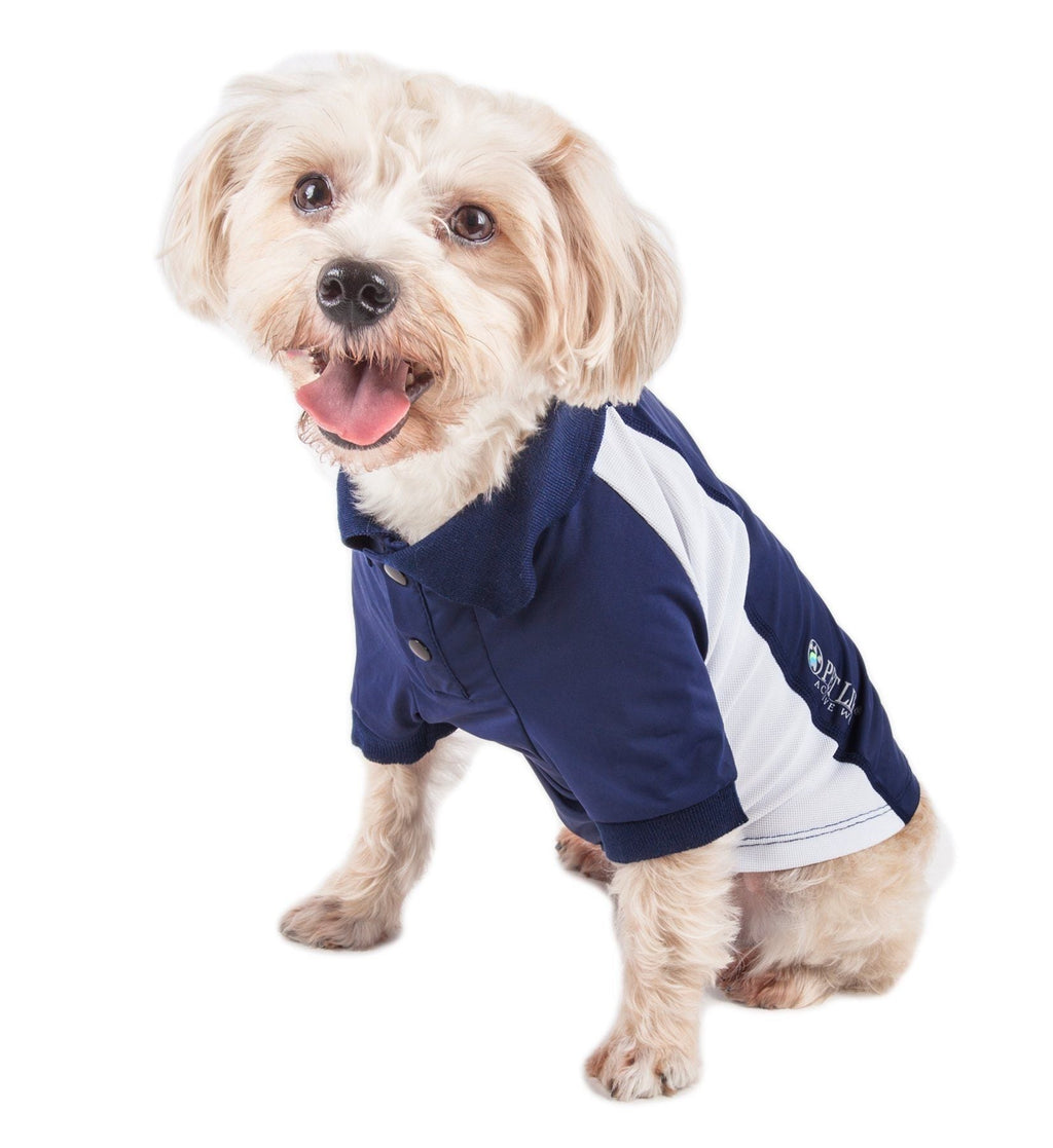 Navy and white dog polo shirt with snap-button placket and short sleeves