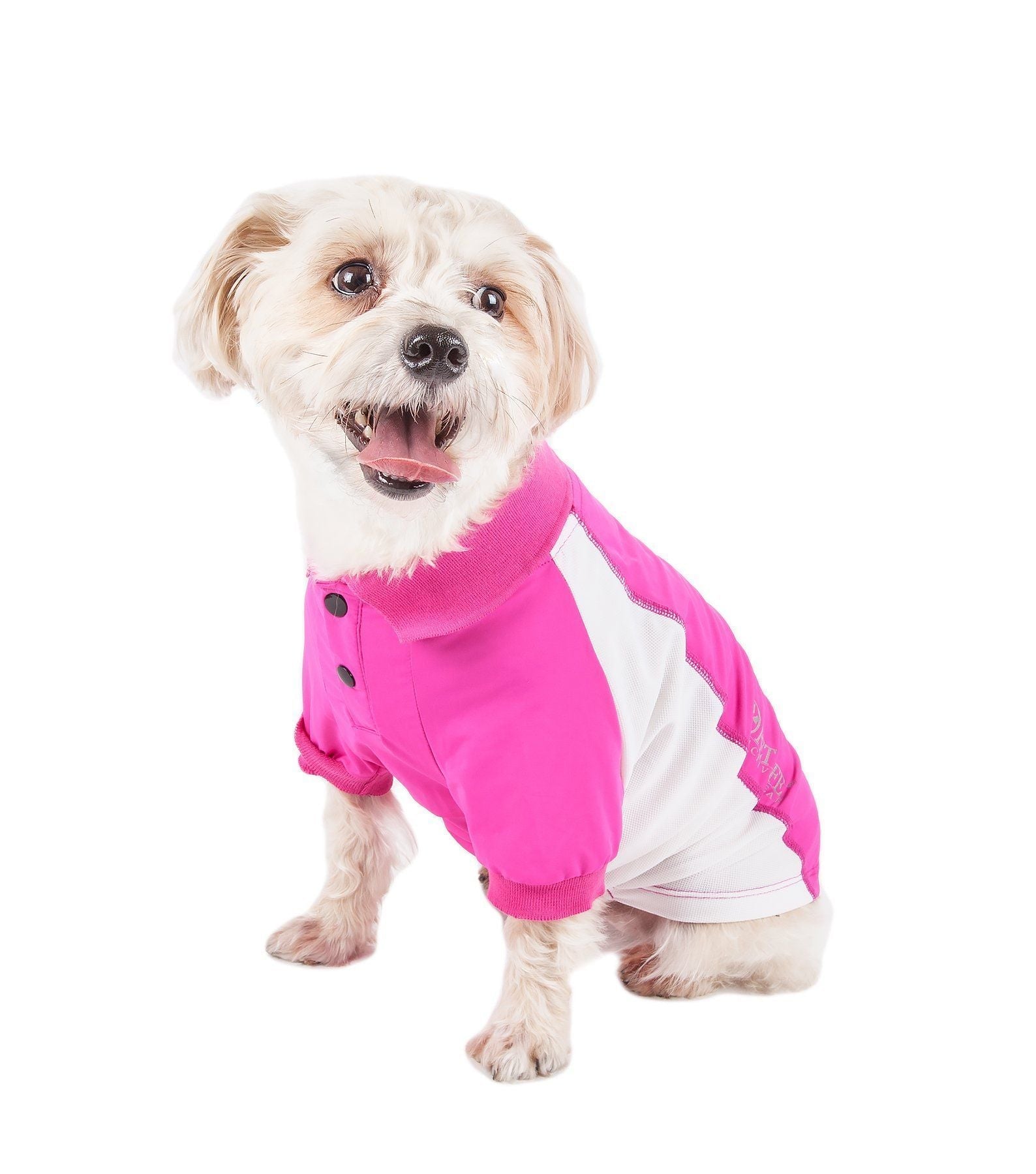 Pink and white dog polo shirt with snap placket and short sleeves