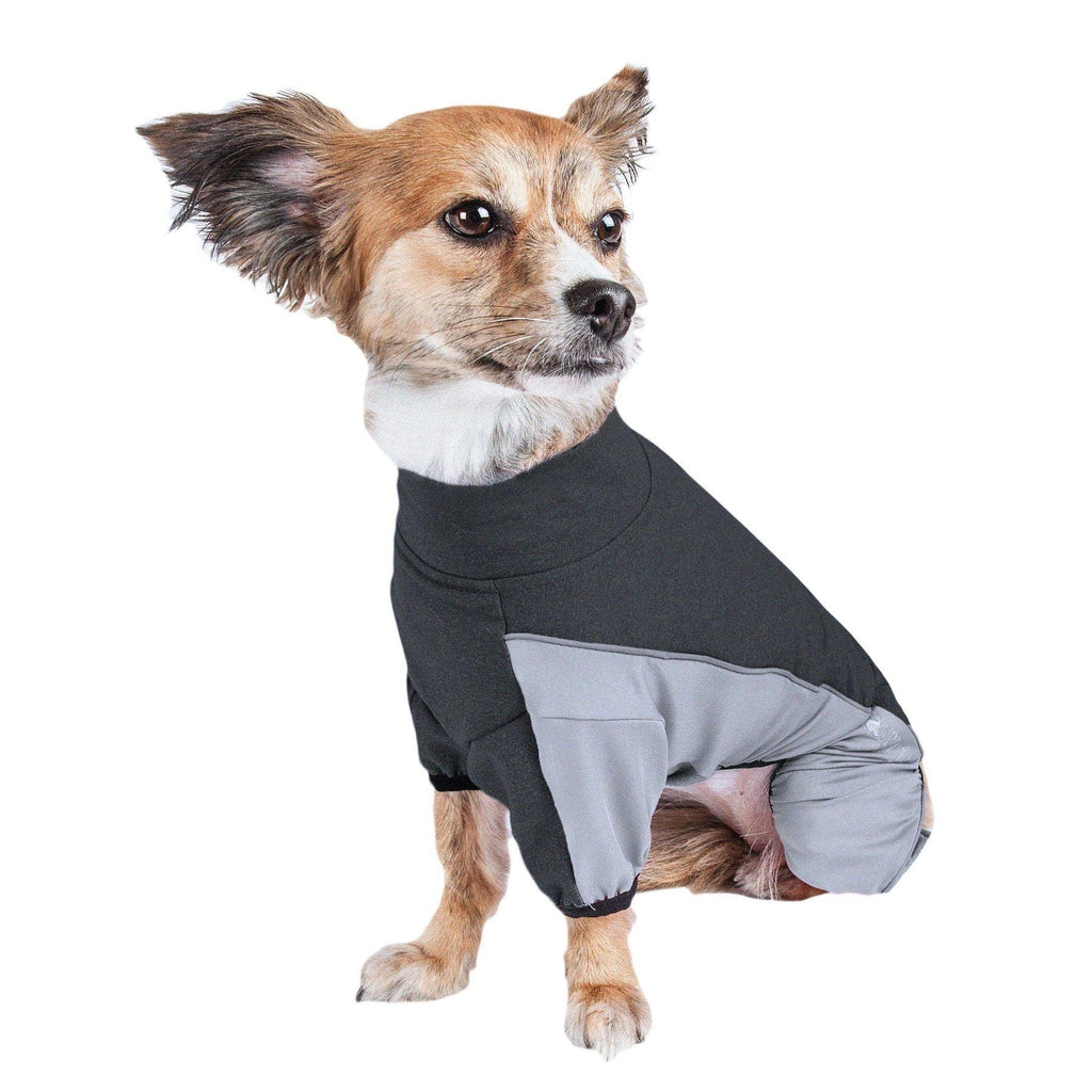 Charcoal gray zip-up dog tracksuit with light gray panel and full leg coverage