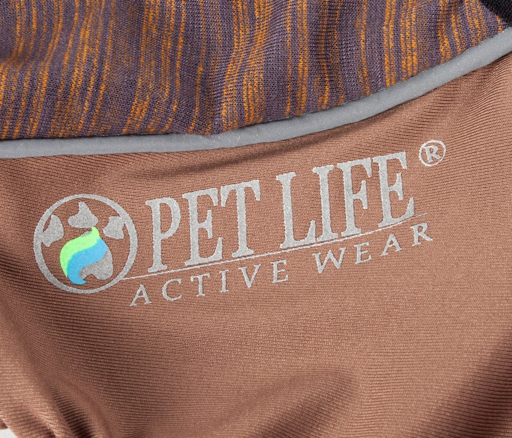 Brown zip-up dog tracksuit with PET LIFE ACTIVE logo on chest, textured fabric