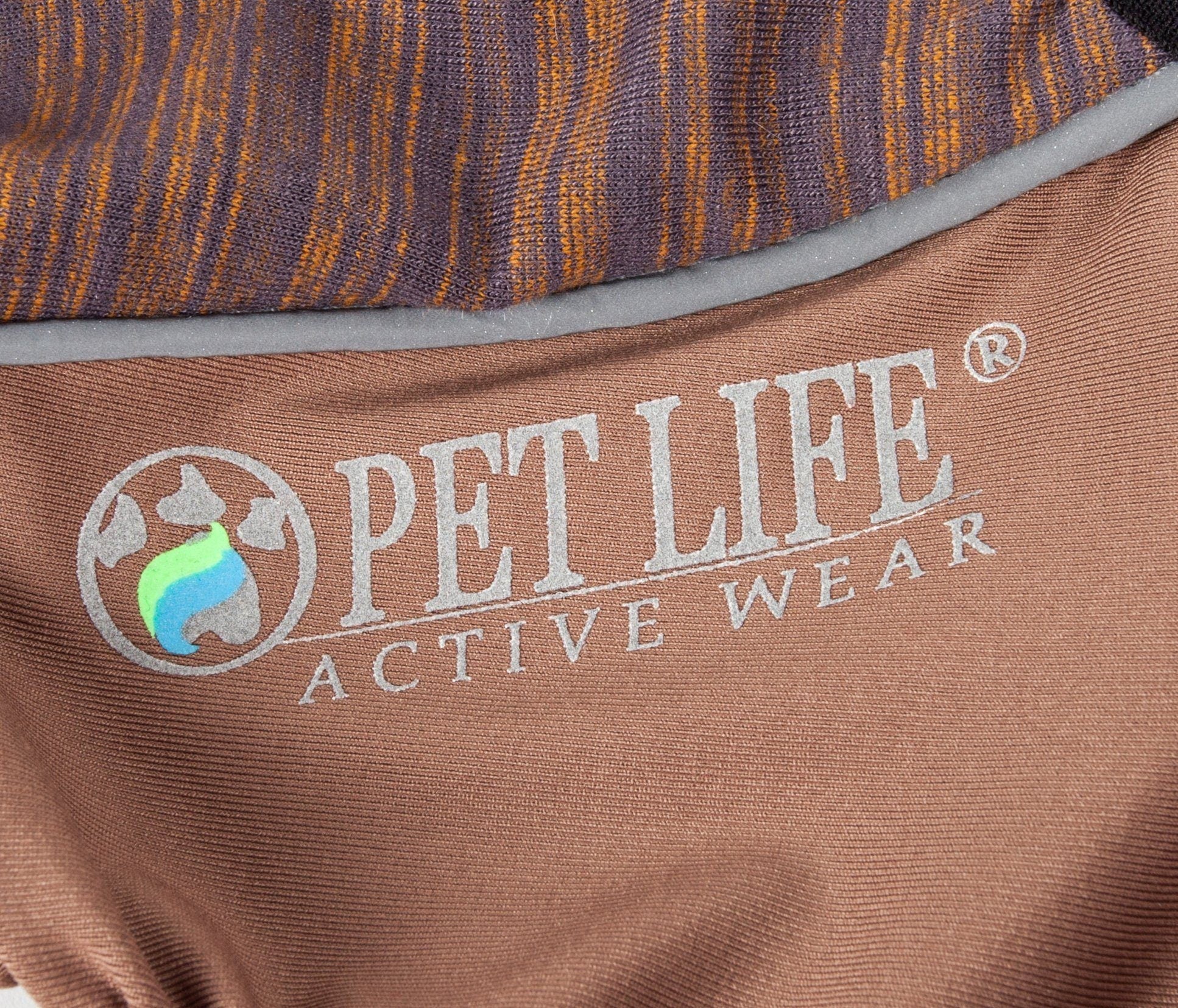 Brown zip-up dog tracksuit with PET LIFE ACTIVE logo on chest, textured fabric