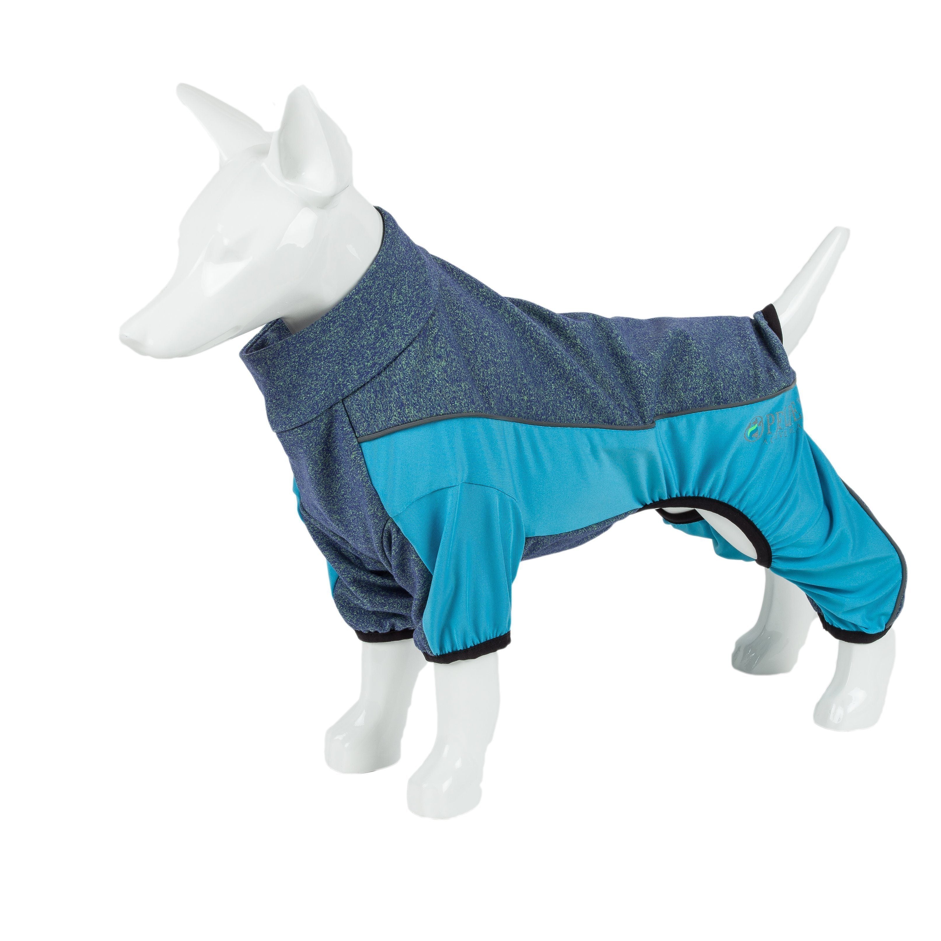 Blue and teal dog tracksuit on mannequin, side view with paw opening and cuffs