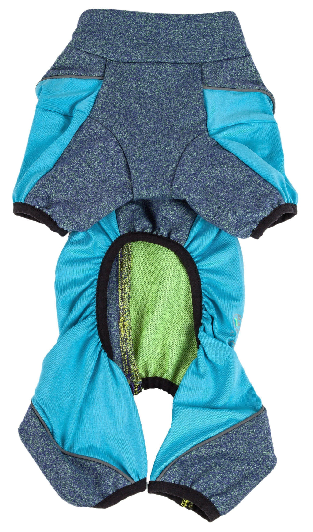 Blue zip-up dog tracksuit with teal panels and green patch at lower opening