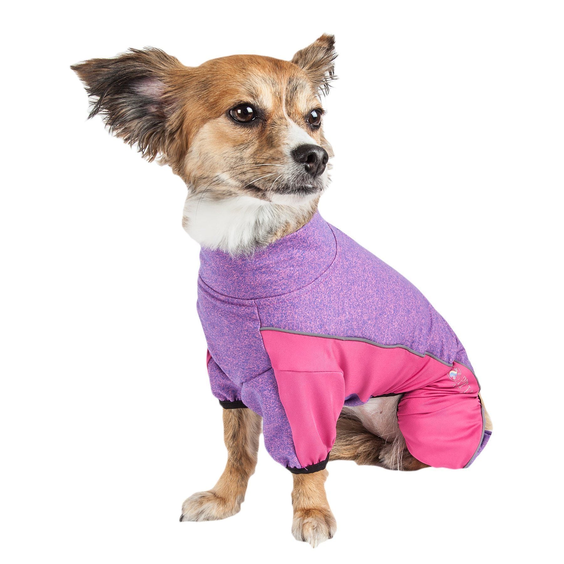 Purple and pink zip-up dog tracksuit with contrasting inner panel, full body fit