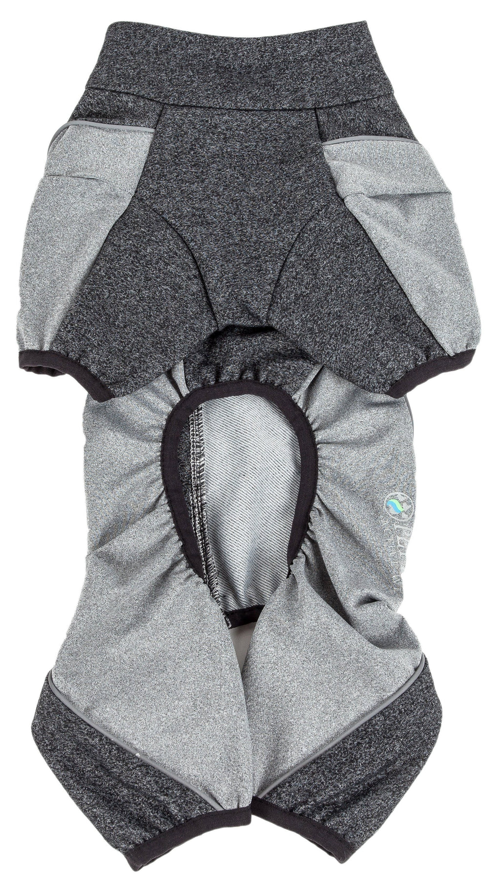Gray speckled zip-up dog tracksuit with black accents and covered paw openings