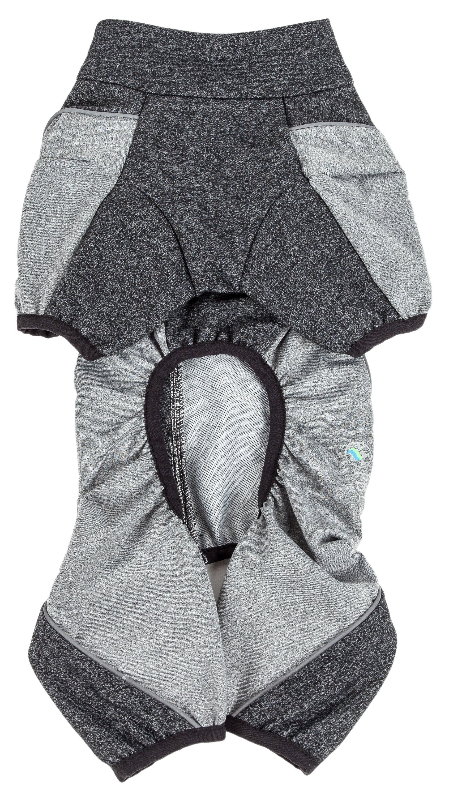 Gray speckled zip-up dog tracksuit with black accents and covered paw openings