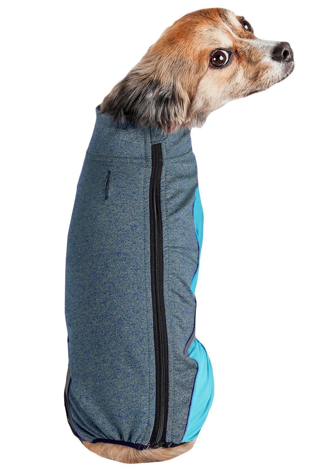 Dark gray zip-up dog tracksuit with black zipper and bright blue side panels