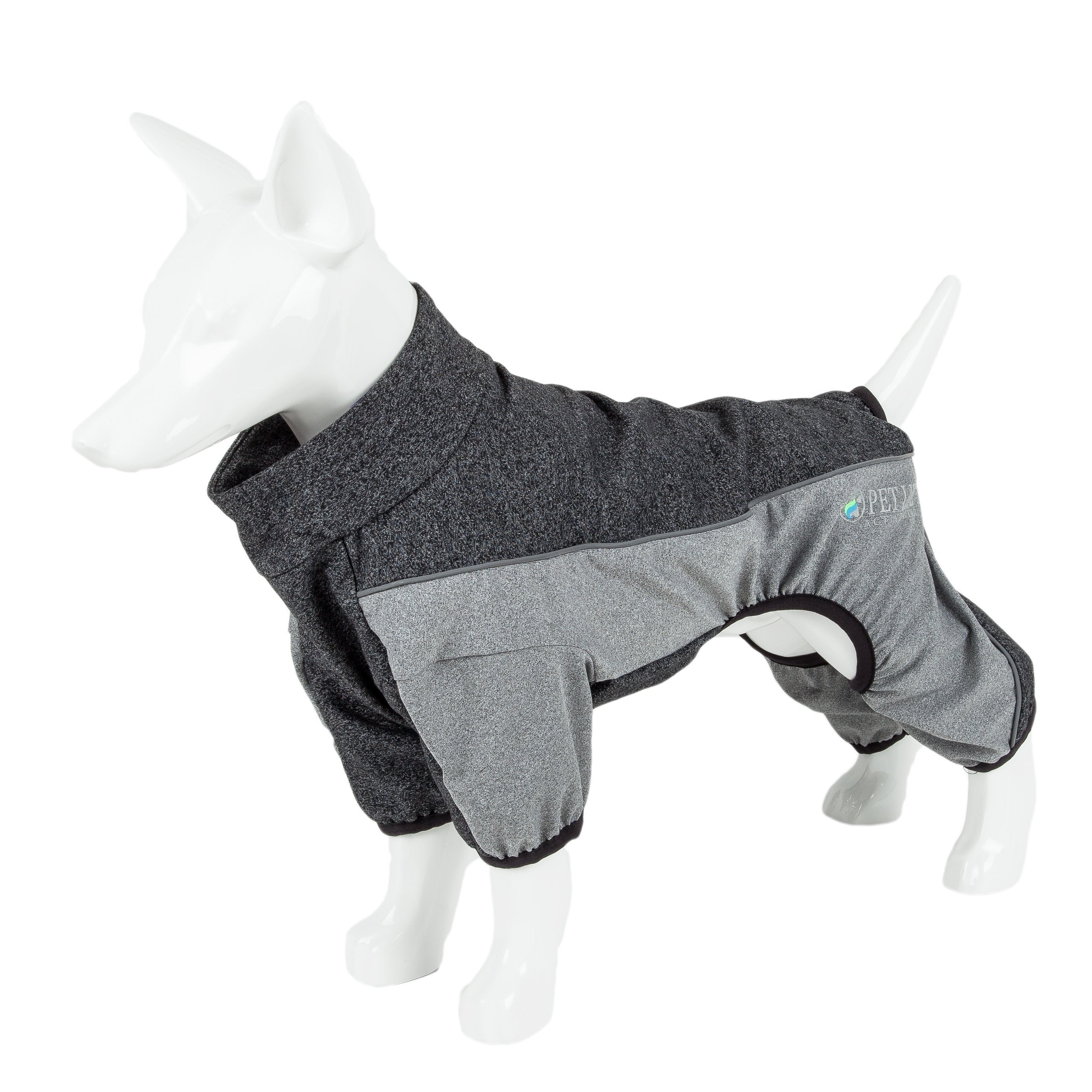 Charcoal gray dog tracksuit laid flat on mannequin, gray side panel and paw openings