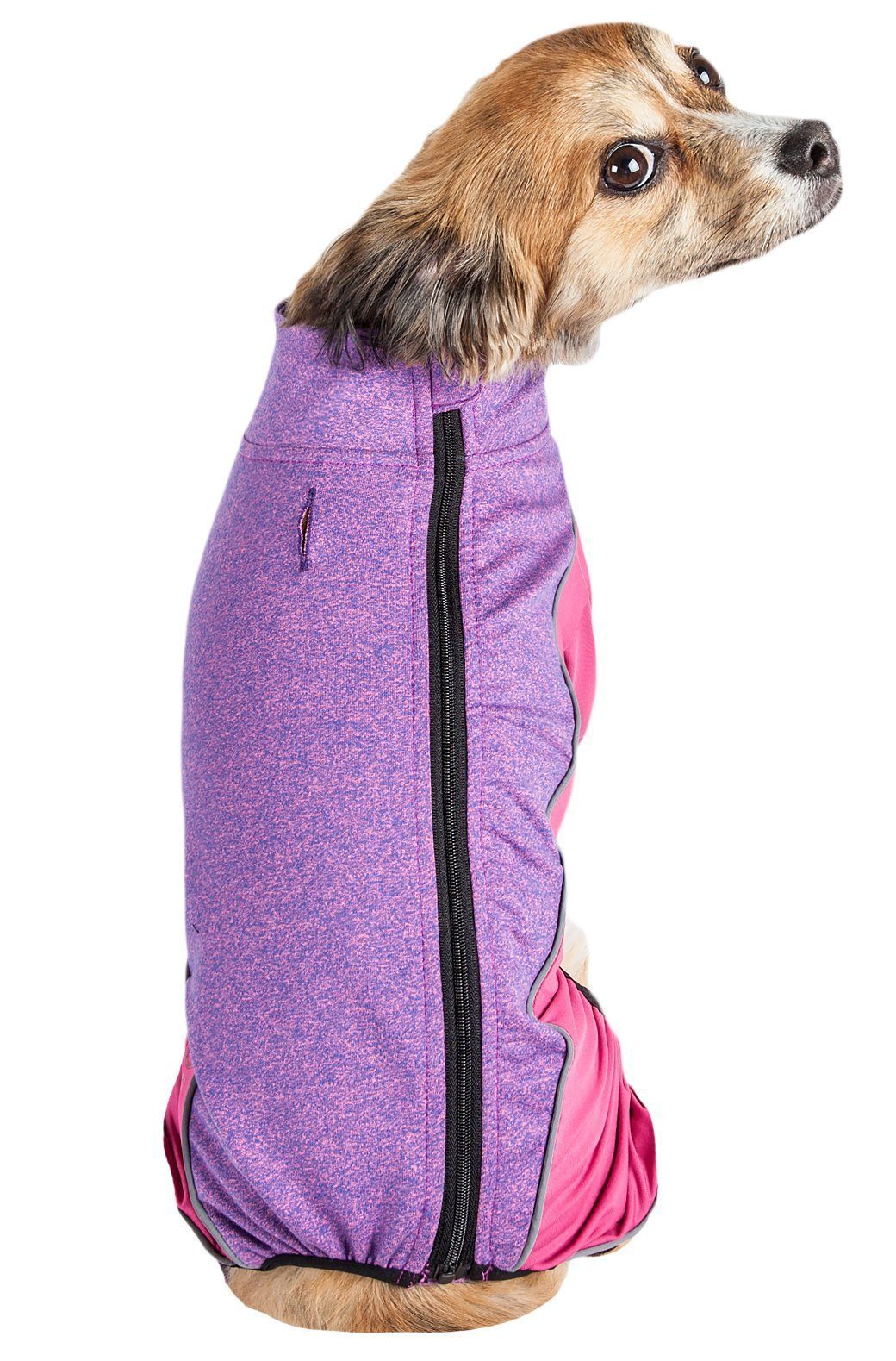 Purple zip-up dog tracksuit with black zipper and pink lower panels, full length