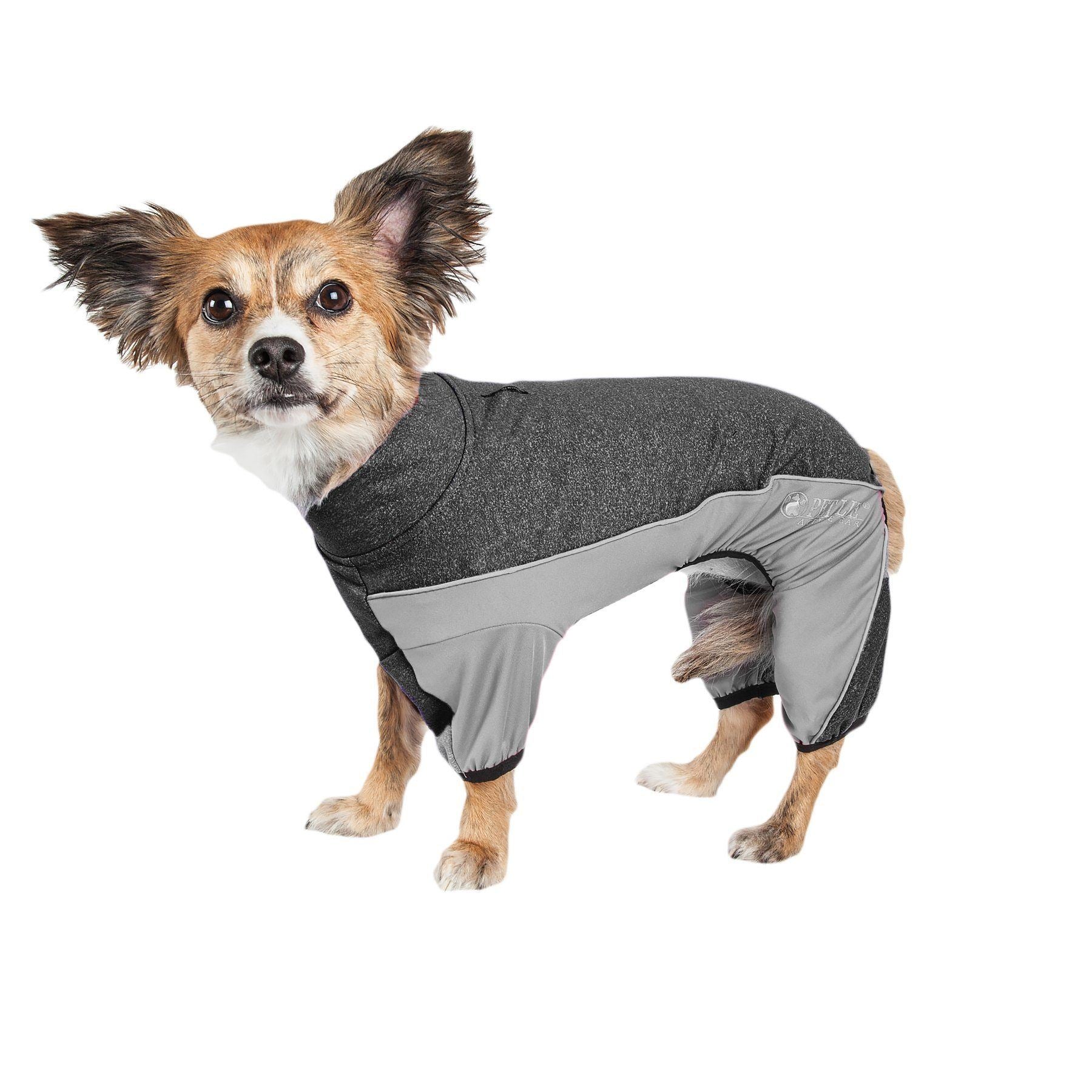 Charcoal gray dog tracksuit with gray panels and snug leg openings, medium-weight stretch fit