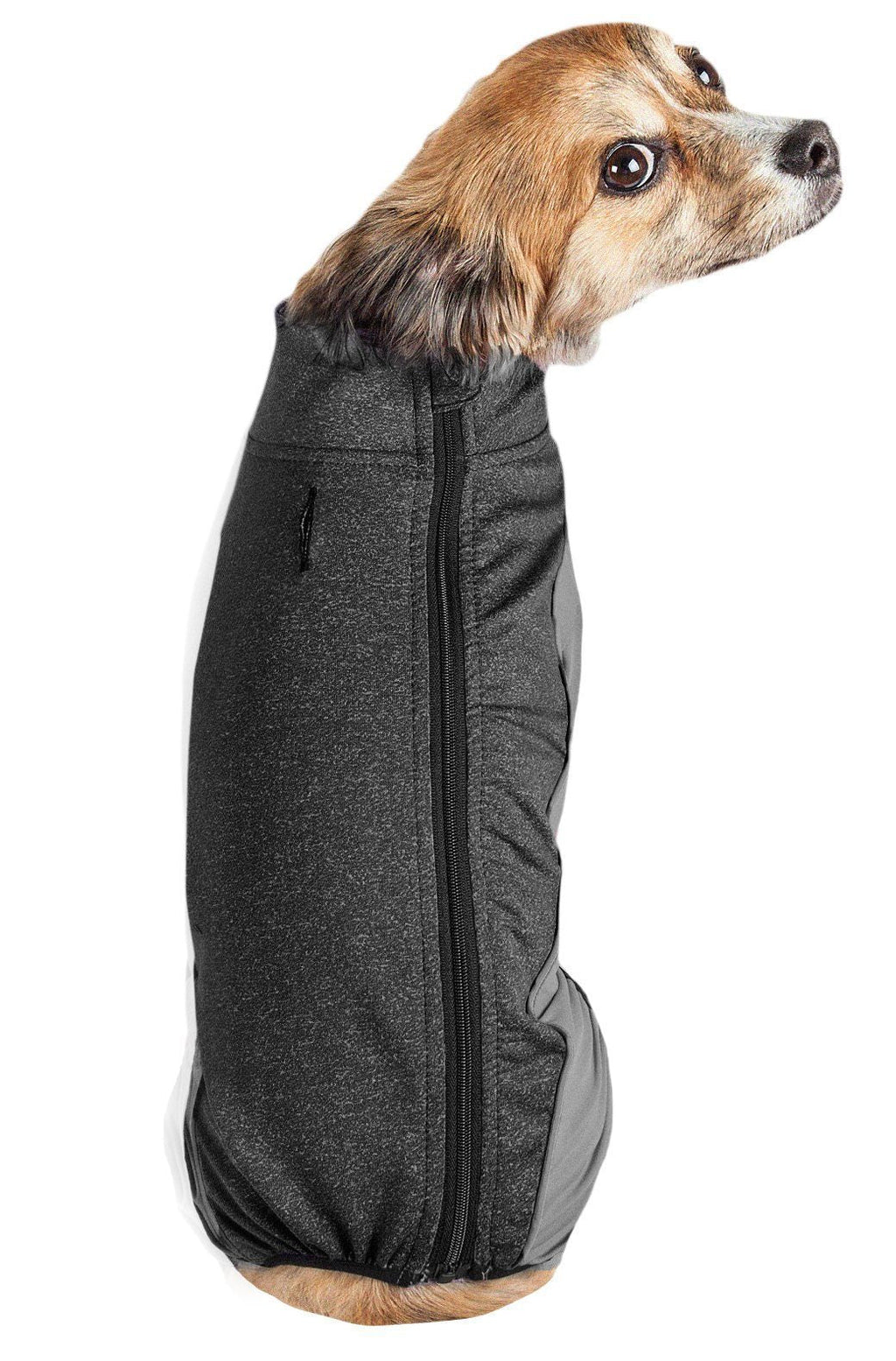 Charcoal black zip-up dog tracksuit with gray side panels and ribbed neckline
