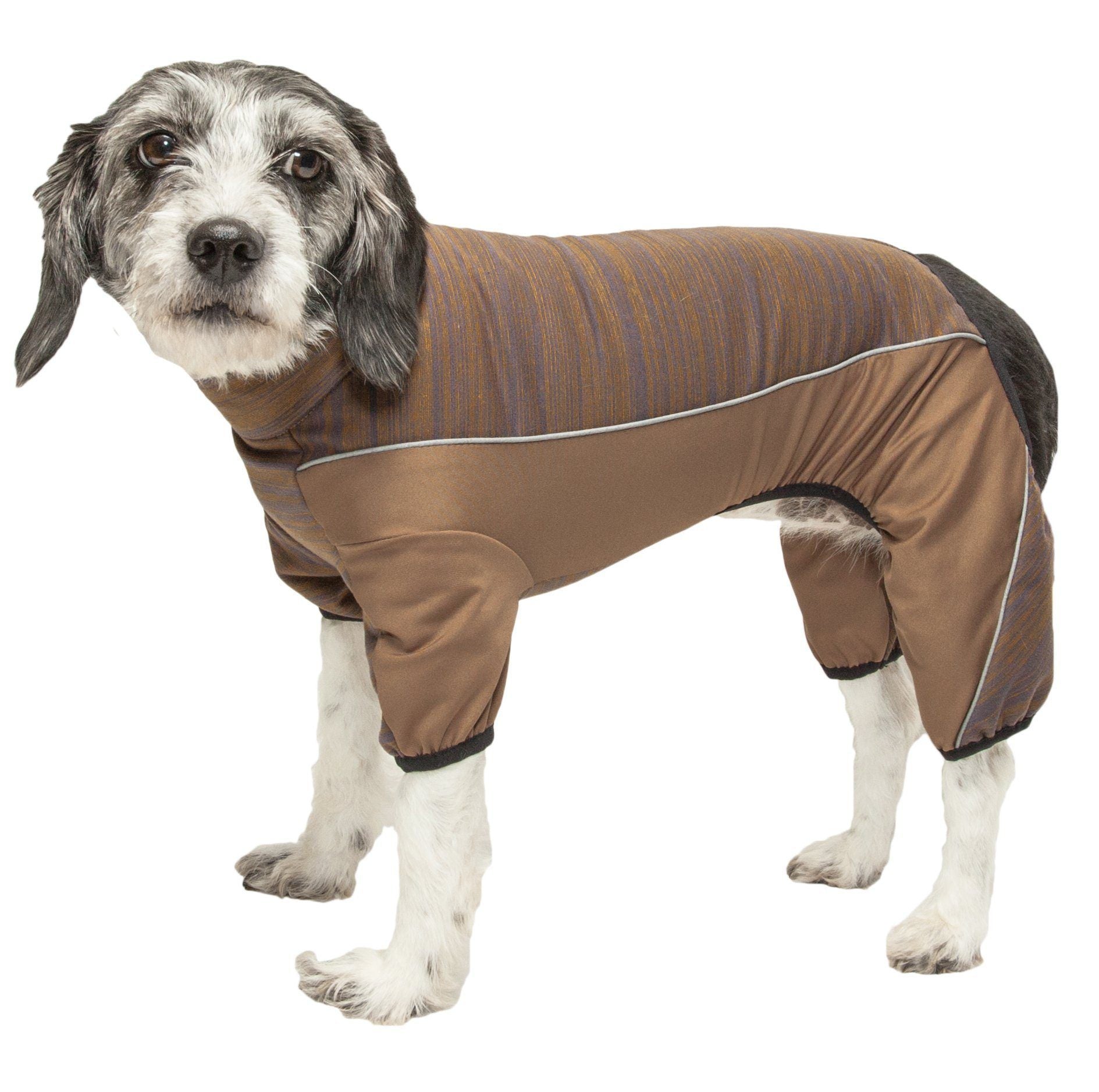 Brown dog tracksuit with striped knit upper and tan panels, front coverage