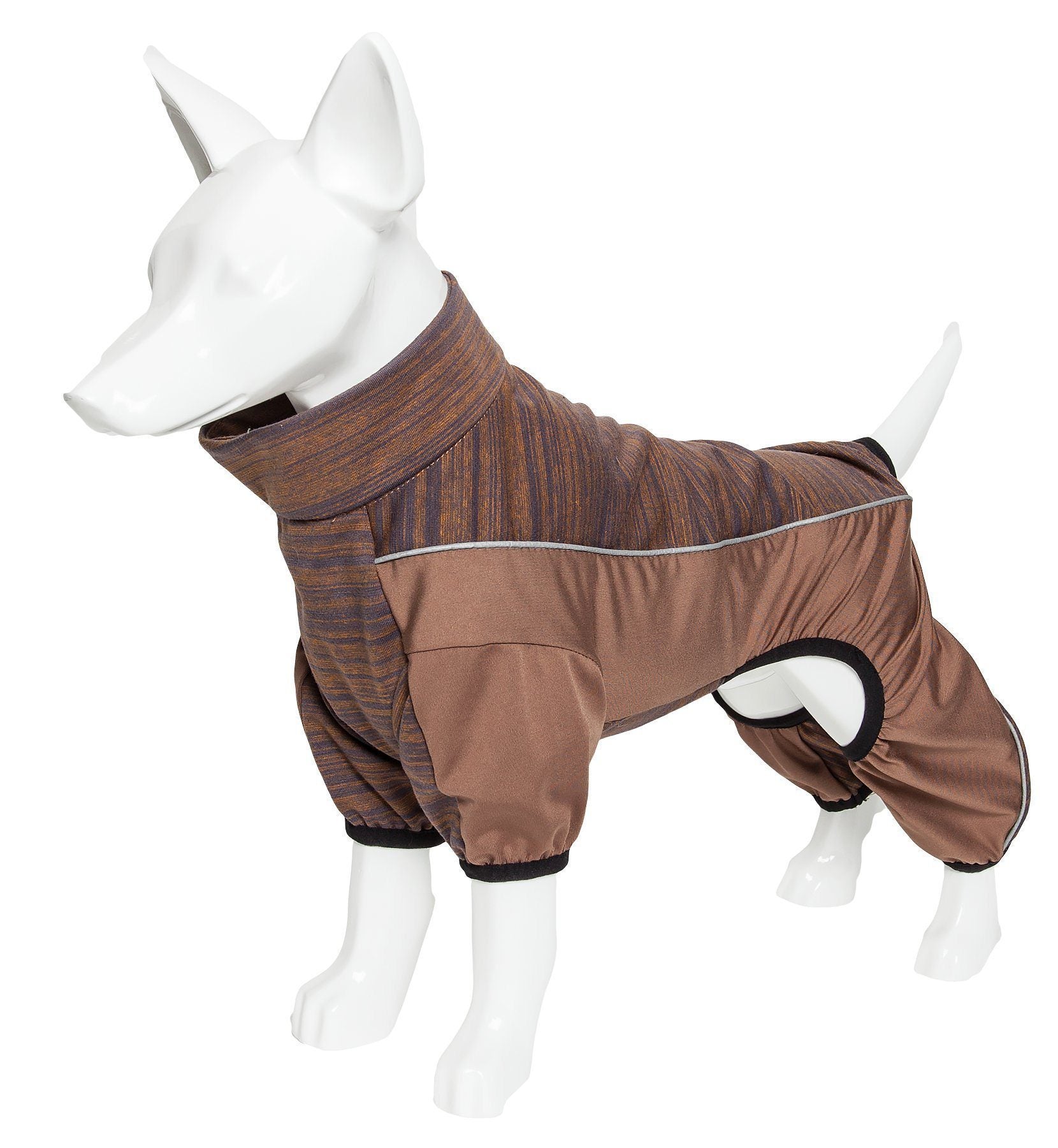 Brown dog tracksuit on mannequin with striped knit upper, paw openings and side panels
