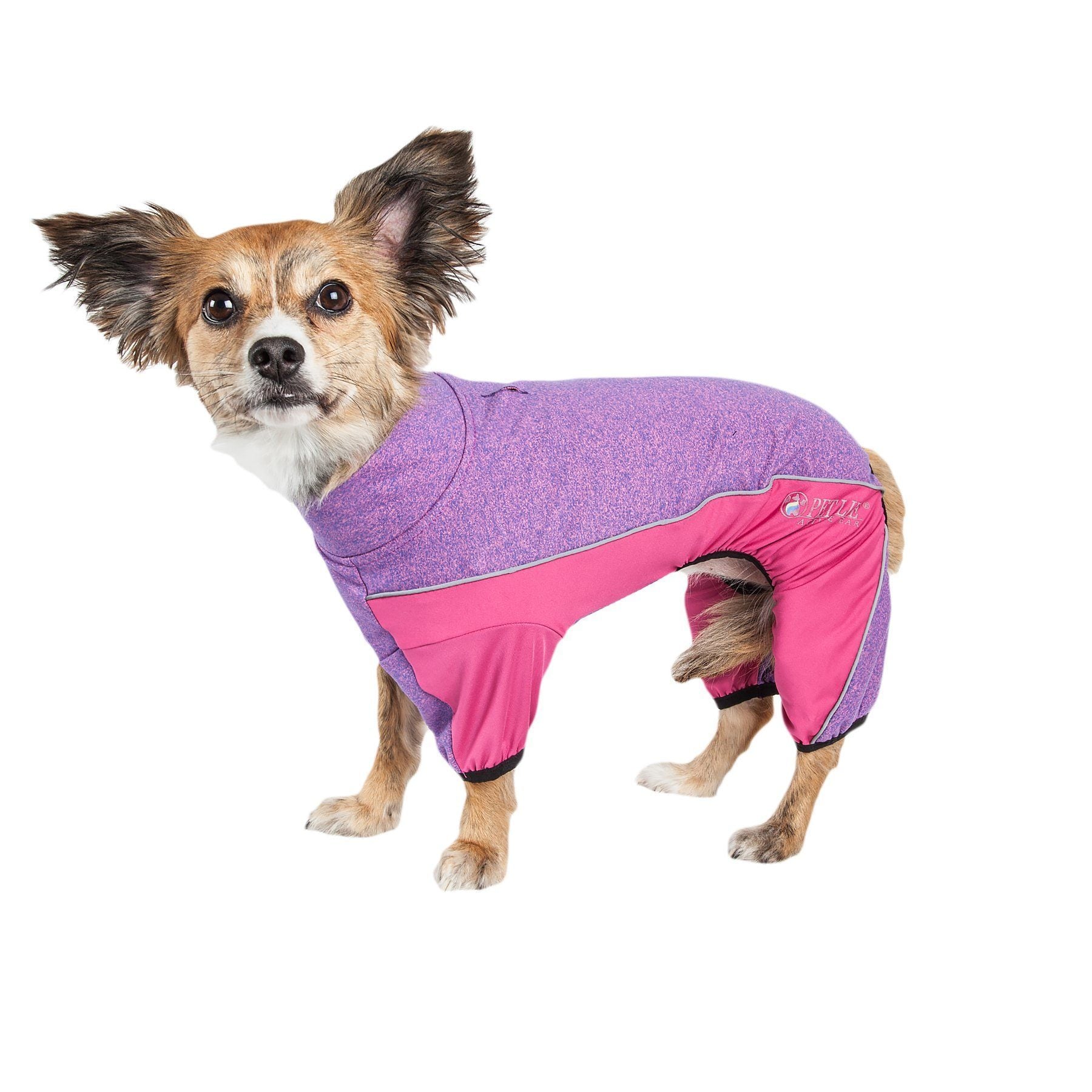 Purple and pink dog tracksuit with contrasting panels and ribbed cuffs, medium fit