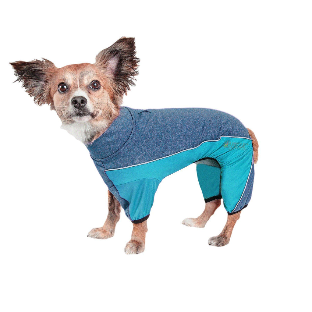Blue and teal dog tracksuit with contrasting panels and ribbed cuffs, medium fit