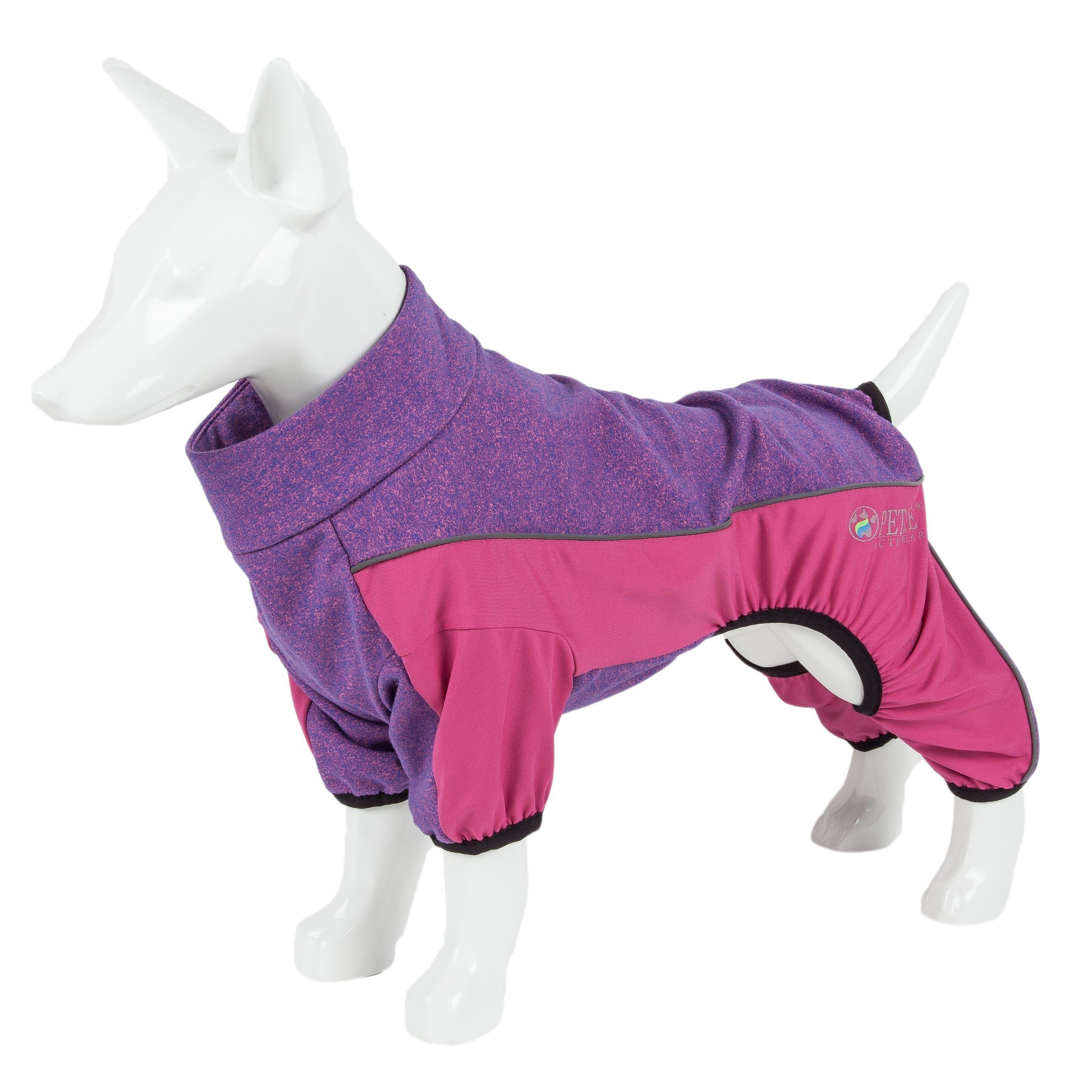Purple and pink dog tracksuit on mannequin, front view with paw openings and cuffs