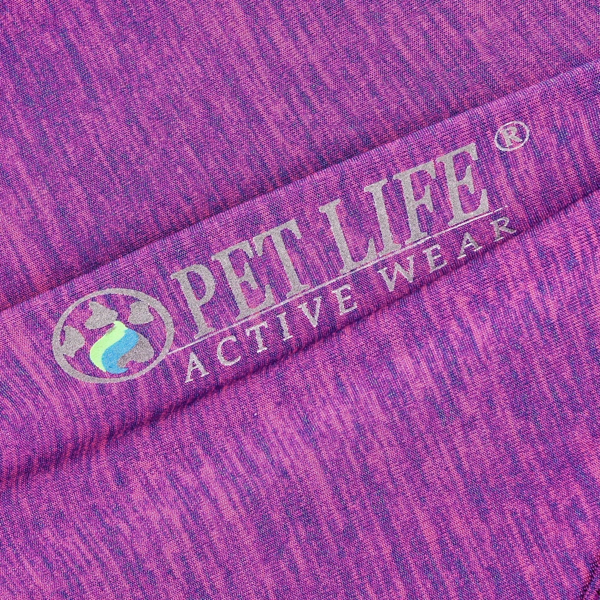 Lavander purple fabric close-up with printed logo on dog yoga T-shirt