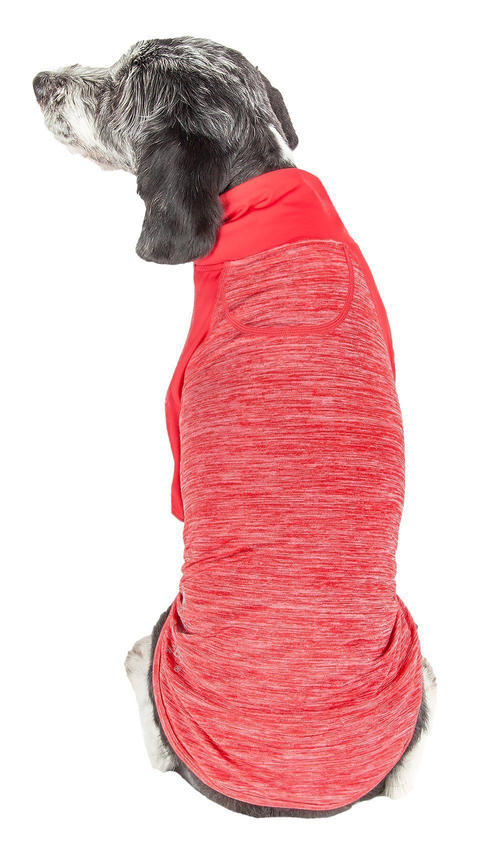 Red long-sleeve dog shirt, back view with rounded hem and heather knit texture