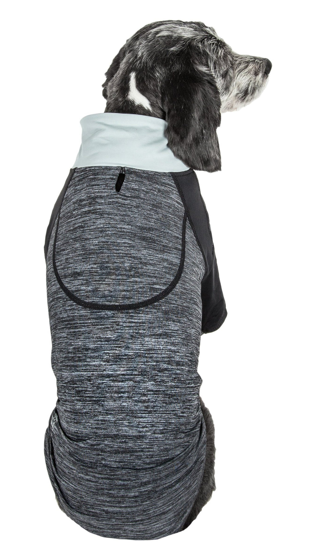 Heather gray long-sleeve dog yoga shirt, back view with large pocket-style seam